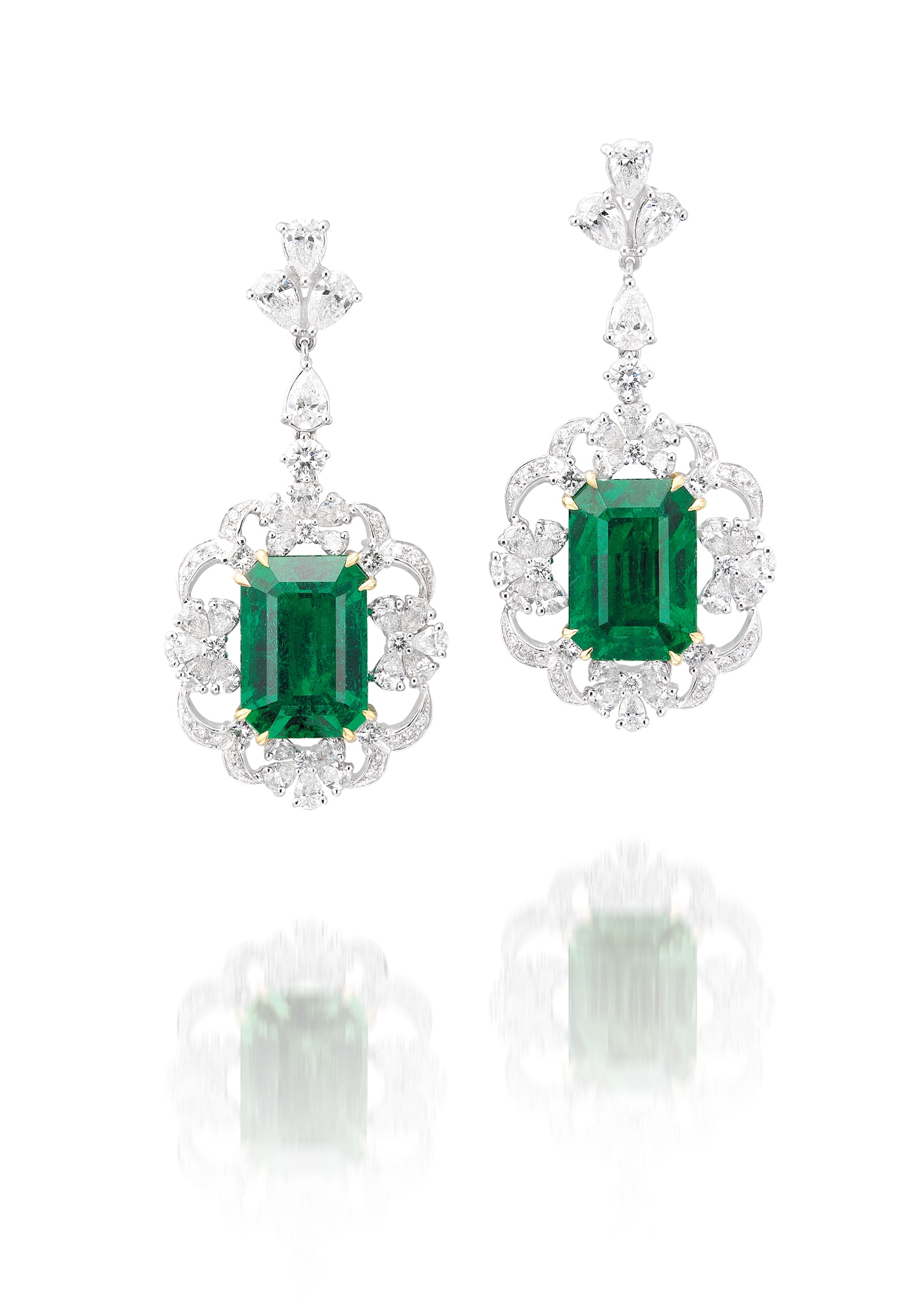 <p>A Pair of 8.69 carat and 9.33 carat Emerald and Diamond Earrings</p>