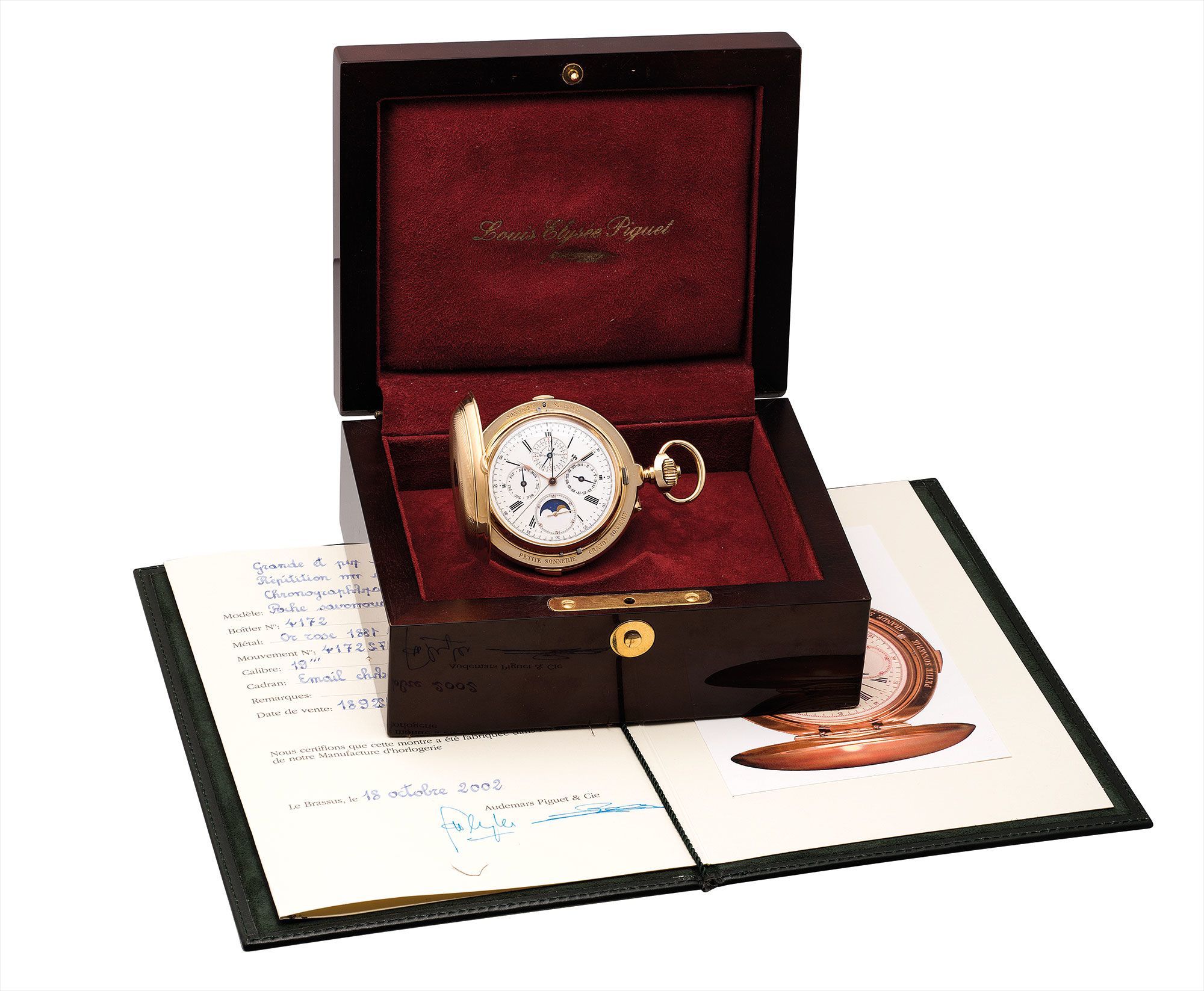 <b>AUDEMARS PIGUET</b> An important  pink gold minute repeating, perpetual calendar, chronograph hunter case grande and petite sonnerie clock watch. Circa 1892.