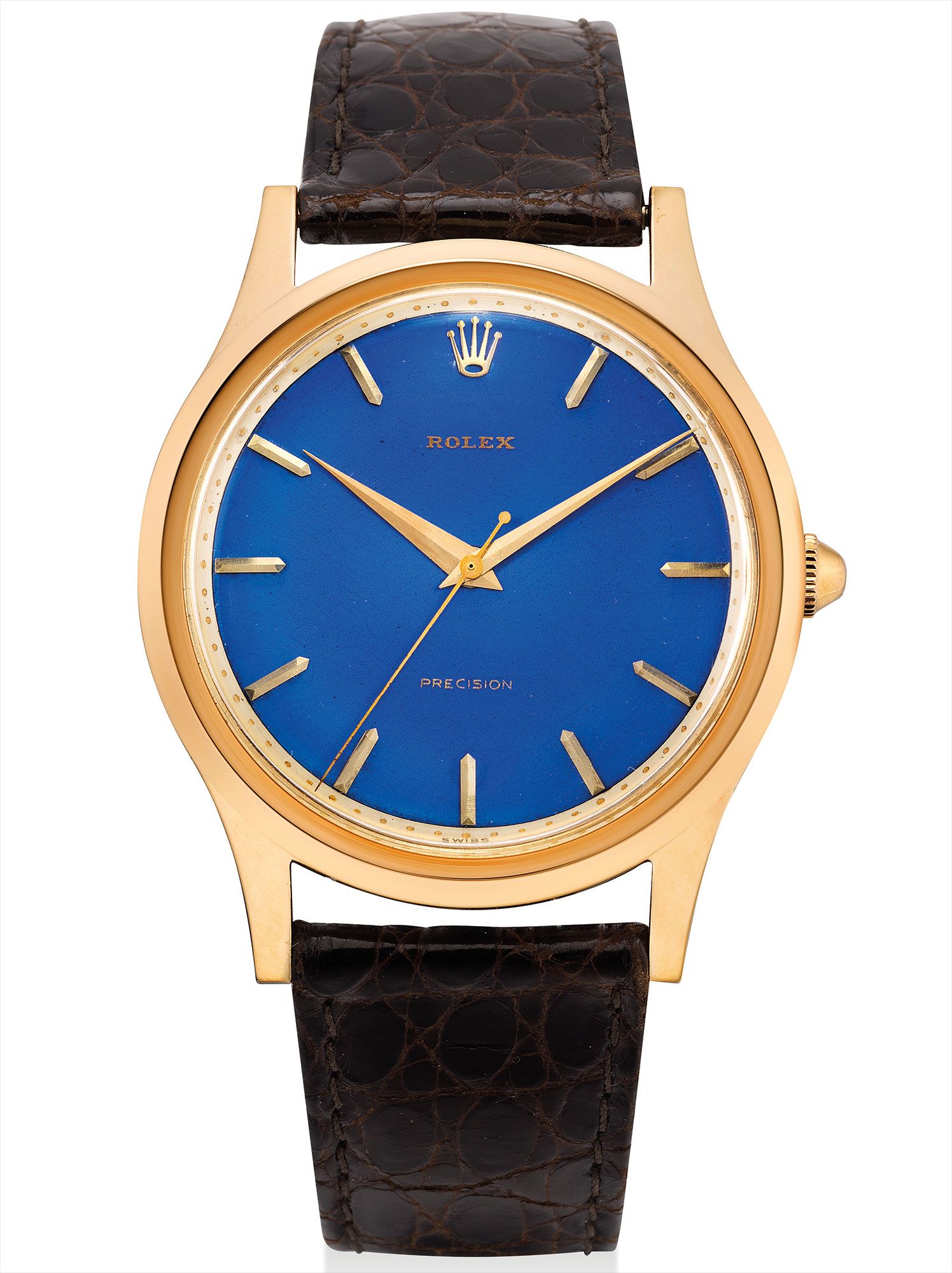<b>ROLEX</b> An exceptional pink gold wristwatch with sweep centre seconds and blue enamel dial. Reference 8382. Circa 1951.