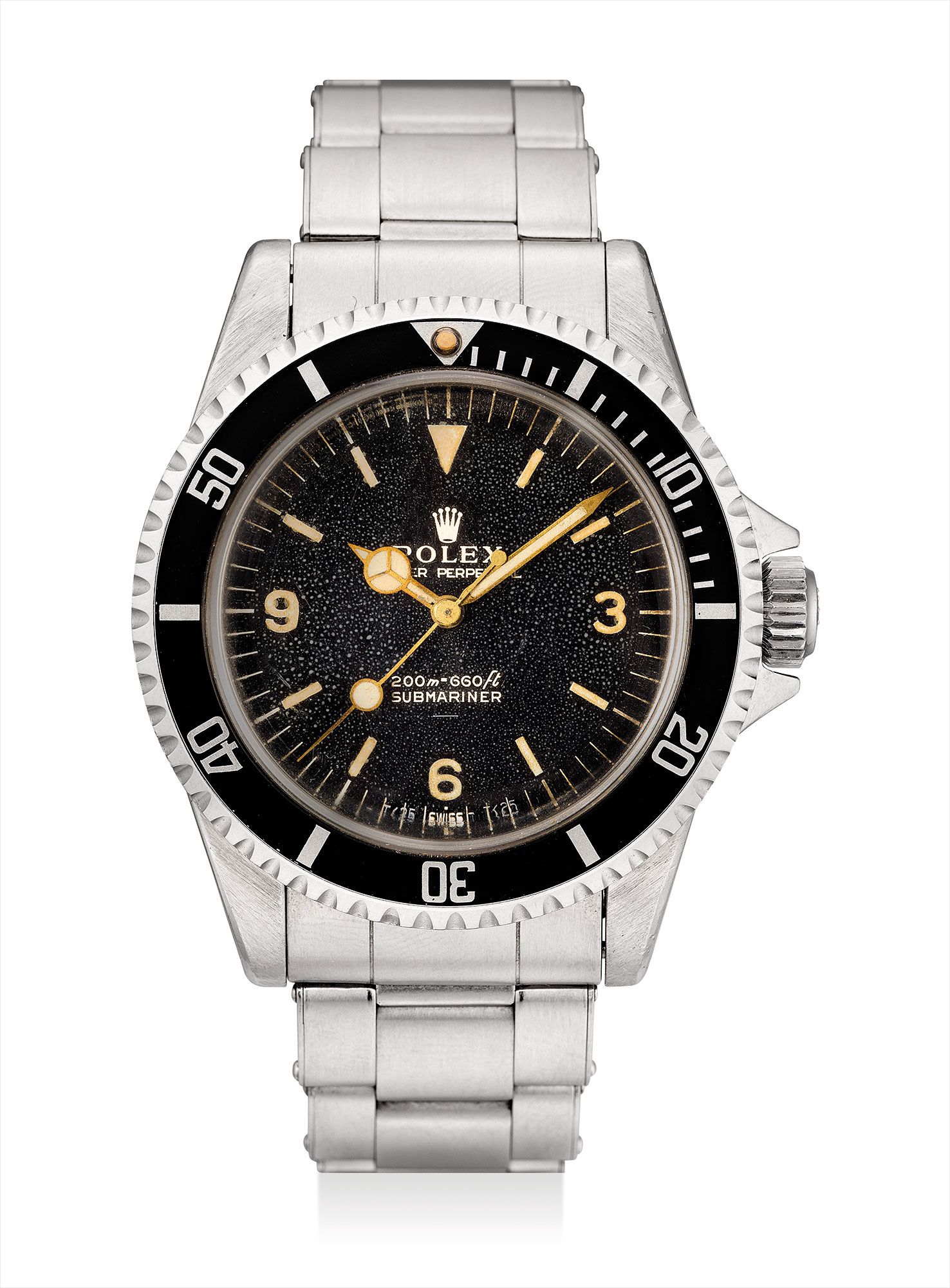 <b>ROLEX</b> A very rare stainless steel wristwatch with sweep centre seconds, black lacquer 'underline Explorer' dial and bracelet. Reference 5513. Circa 1963.