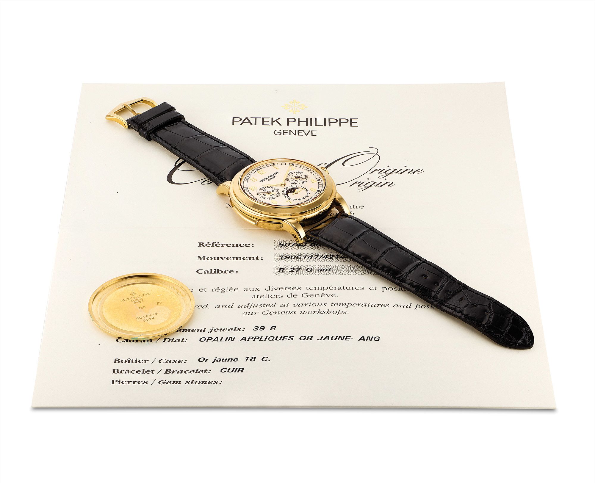 <b>PATEK PHILIPPE </b>A very fine and very rare yellow gold minute repeating perpetual calendar wristwatch. Reference 5074. Manufactured in 2001.