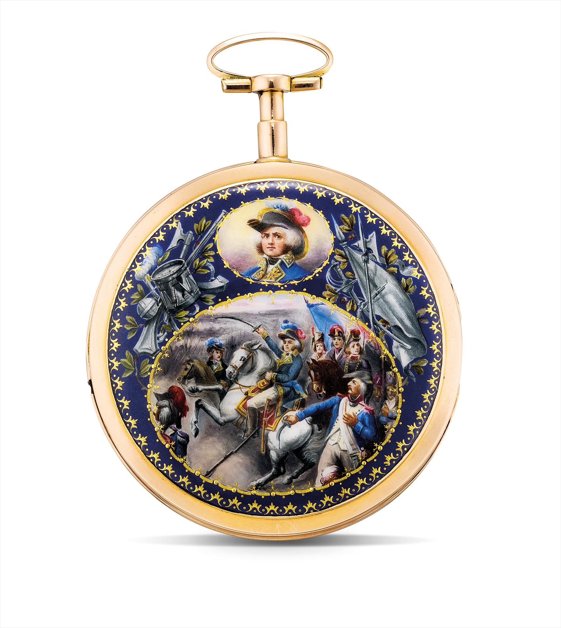 <b>SWISS</b> An exceptionally and historically important pink gold automata openface watch with enamel scene of the Battle of Fleurus. Circa 1800.