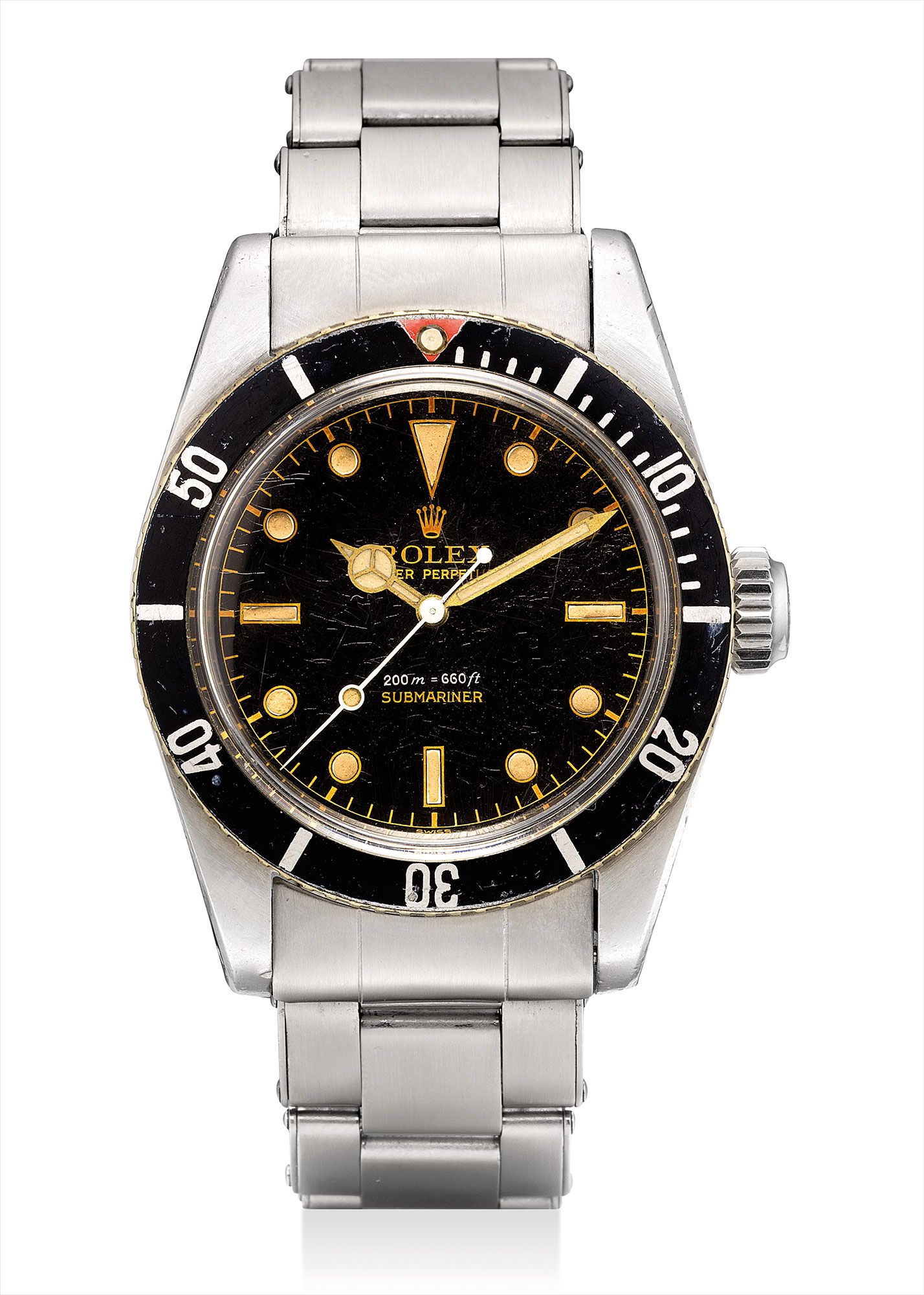 <b>ROLEX</b> A very fine and rare stainless steel wristwatch with sweep centre seconds, black lacquer dial, big crown and original bracelet. reference 6538. Circa 1958.