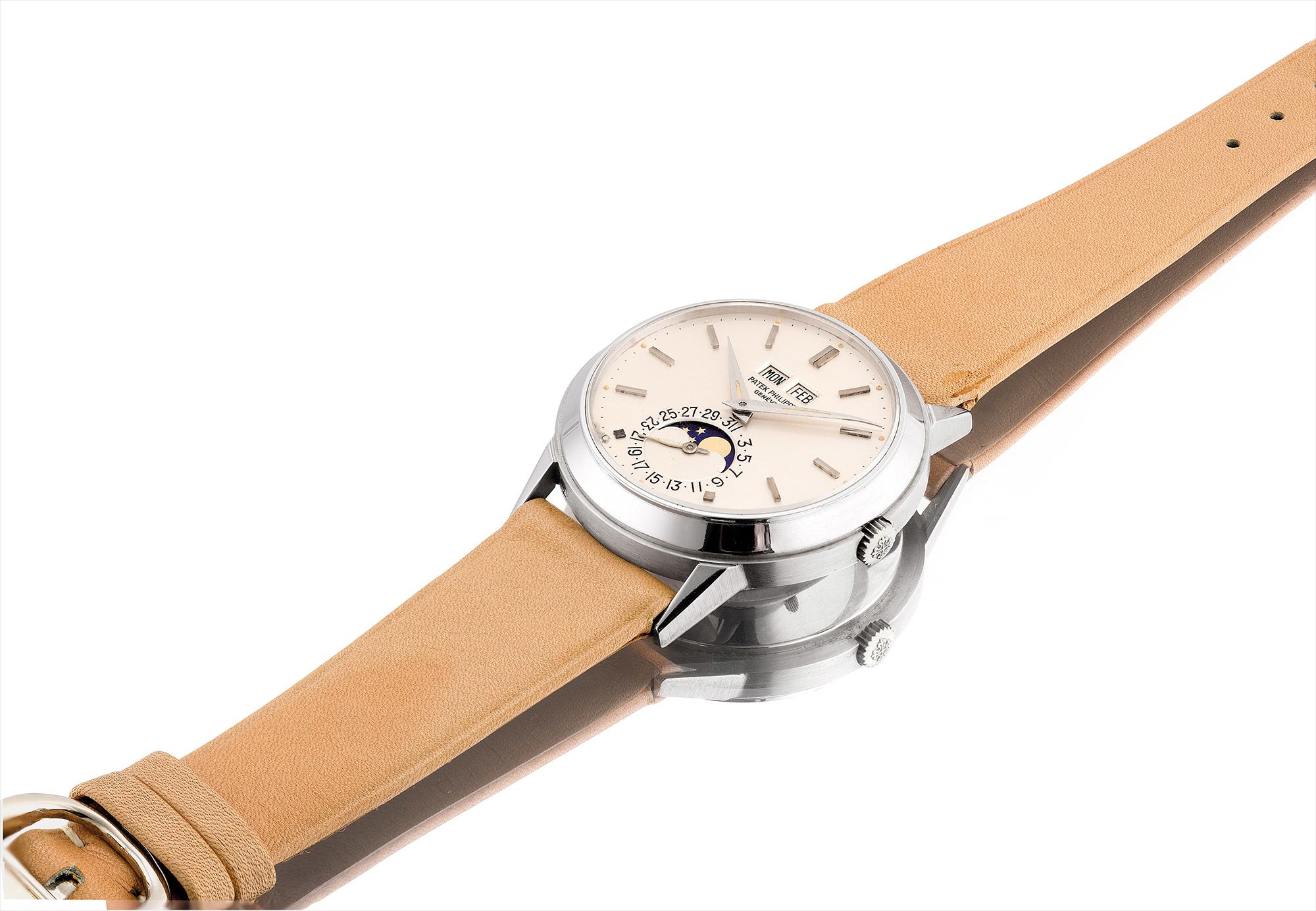 <b>PATEK PHILIPPE </b>An extremely fine and incredibly rare white gold perpetual calendar wristwatch with moon phases, luminous indexes and hands, original certificate and fitted presentation box, reference 3448, 1974