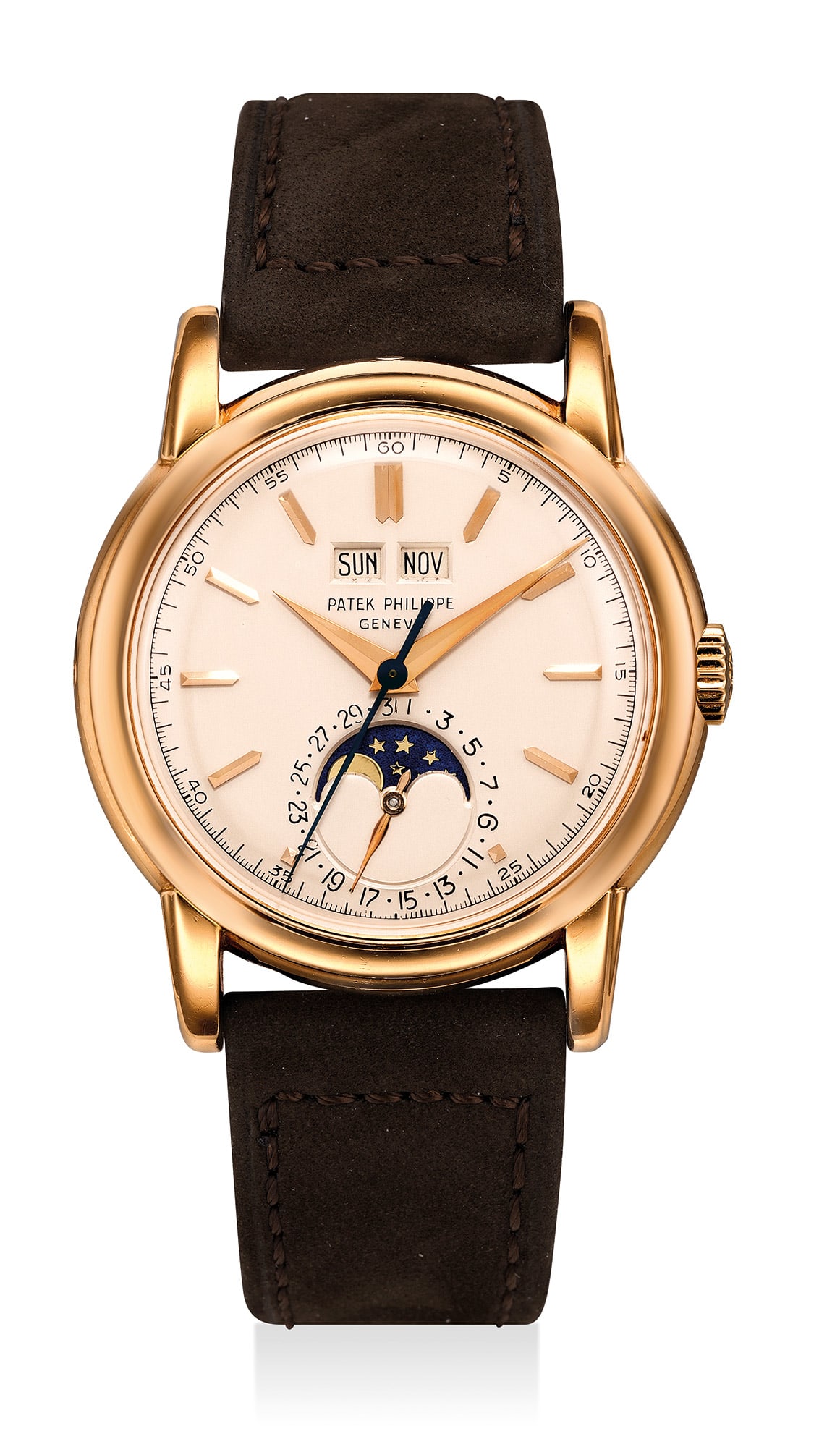<b>Patek Philippe </b>Ref 2438. A highly important, very fine and extremely rare pink gold perpetual calendar wristwatch with center seconds, moon phases, screw back, certificate, invoice and box.