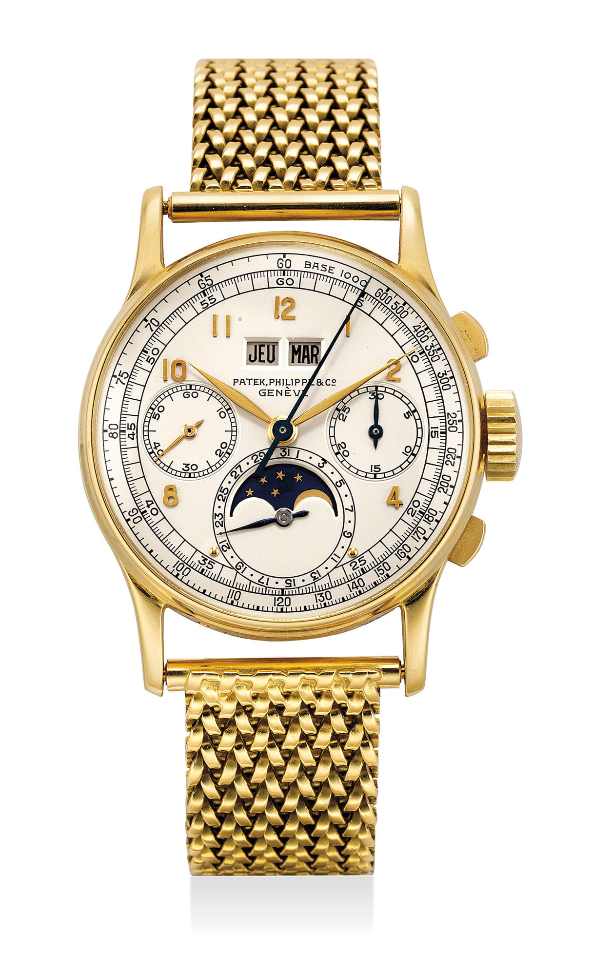 <b>Patek Philippe</b> Ref 1518. An important, very rare and extremely fine yellow gold perpetual calendar chronograph wristwatch with moon phases, bracelet, certificate and additional document.
