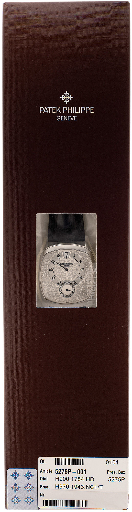 <b>Patek Philippe</b> Ref 5275. An exceptional limited edition platinum chiming wristwatch with jump second and minute, digital jump hour, engraved dial and case, Certificate and box, made for the 175th anniversary of Patek Philippe.