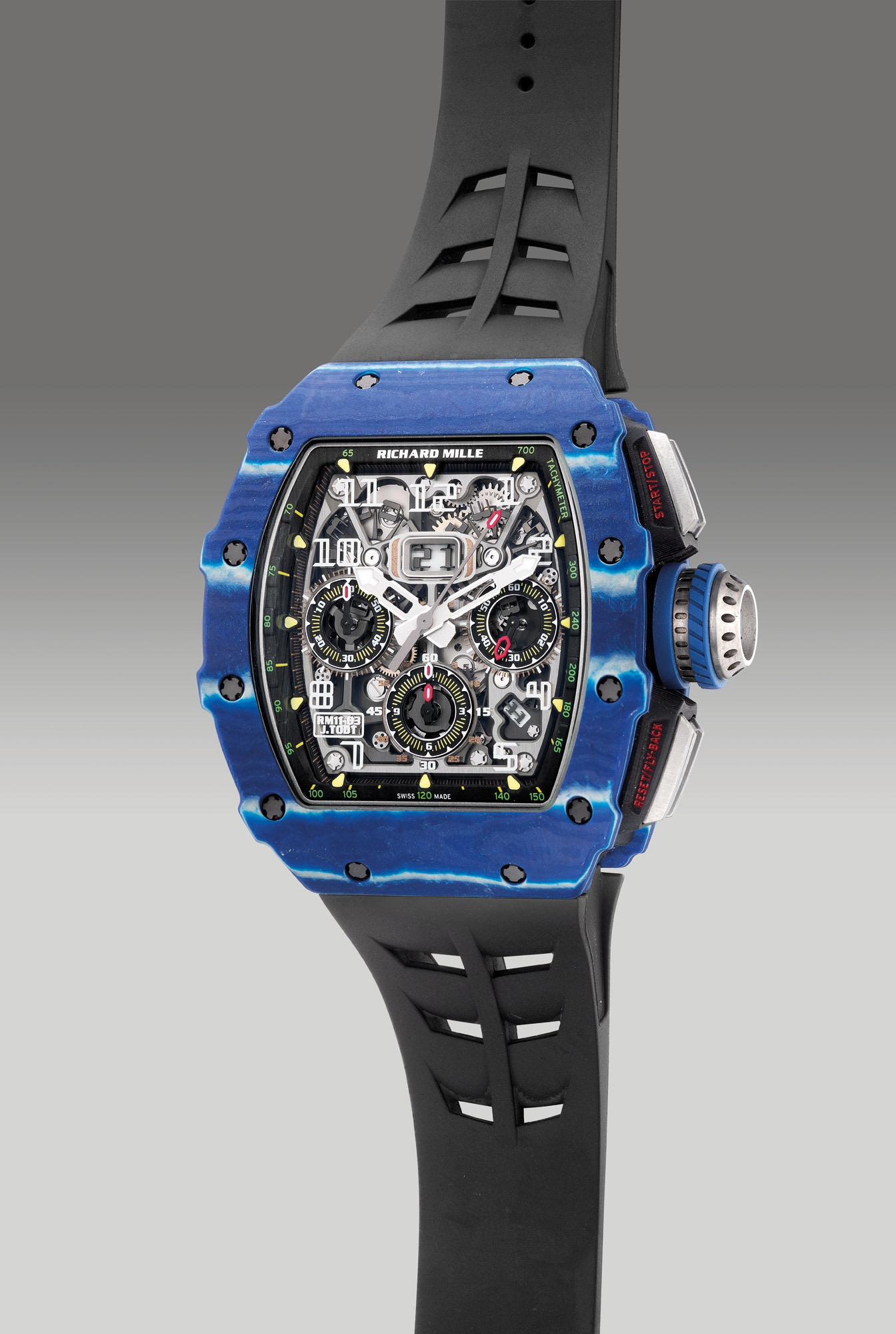 <p><strong>RICHARD MILLE</strong>&nbsp;reference RM11-03 J. Todt, a rare and attractive limited edition blue Quartz TPT and carbon flyback chronograph wristwatch with date, certificate and winding box, numbered 46 of a limited edition of 150 pieces to commemorate 50 years of Jean Todt, circa 2018</p>
