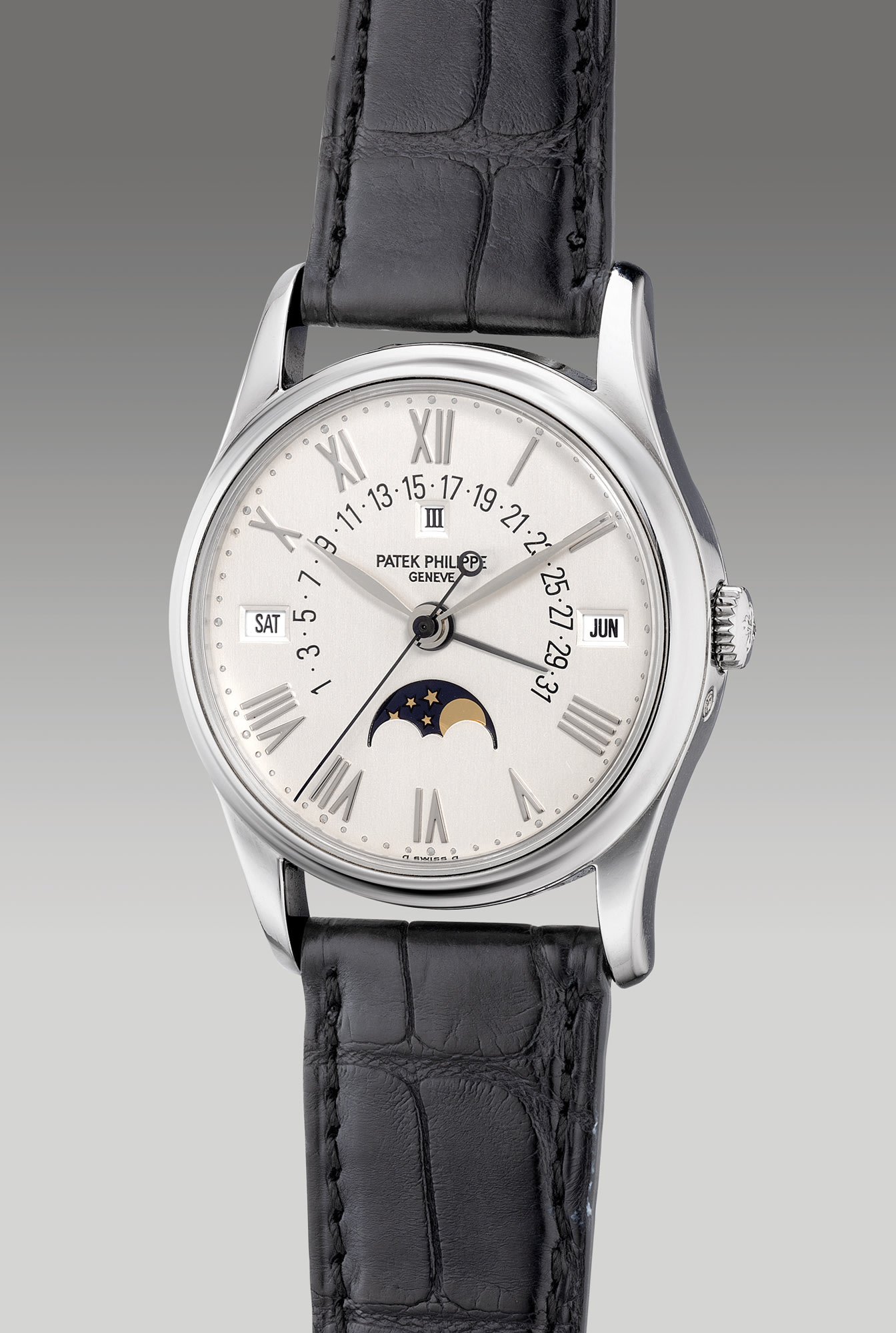 <p><strong>PATEK PHILIPPE&nbsp;</strong>reference 5050P, a fine and attractive platinum perpetual calendar wristwatch with moon phases, retrograde date, leap year indication, applied Roman numerals, Certificate of Origin and presentation box, circa 1995. Provenance: Reginald H. Fullerton, Jr</p>
