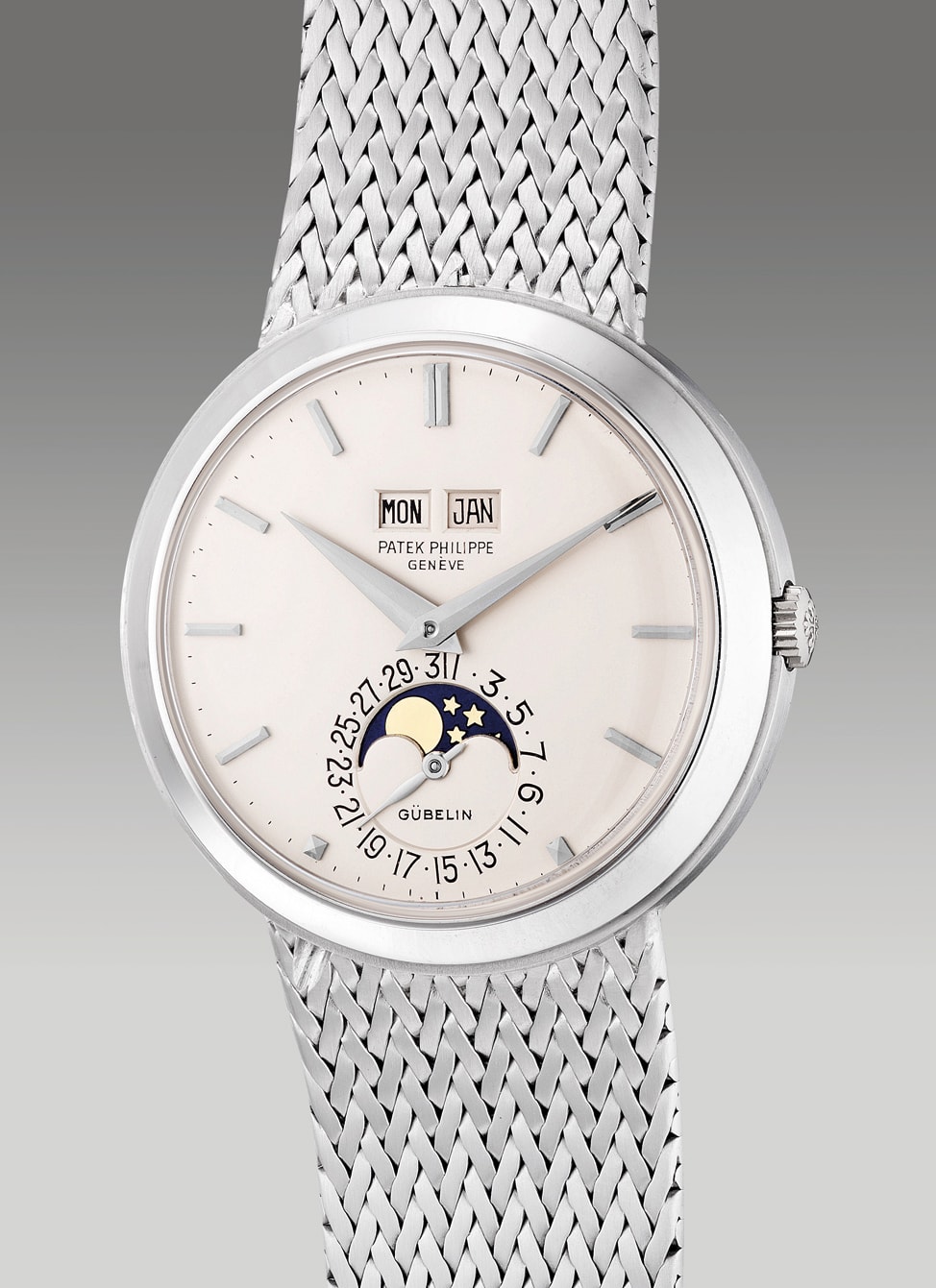 <p><strong>PATEK PHILIPPE</strong>&nbsp;reference 3448/14, An extremely fine, rare and well-preserved white gold perpetual calendar wristwatch with moon phases and integrated bracelet, retailed by G&uuml;belin, 1975. Provenance: From the family of the original owner</p>
