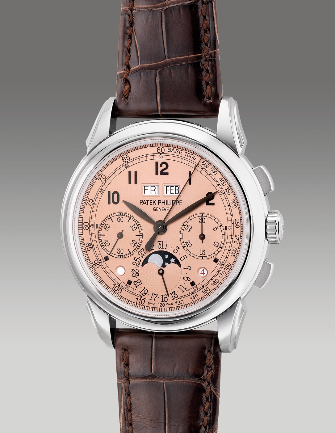 <p><strong>PATEK PHILIPPE</strong>&nbsp;reference 5270P-001, A highly attractive and important platinum chronograph wristwatch with salmon dial, perpetual calendar, day/night indication, moonphases, leap year, additional case back, original Certificate of Origin and fitted presentation box, circa 2019. Provenance: Property of a distinguished private collector</p>
