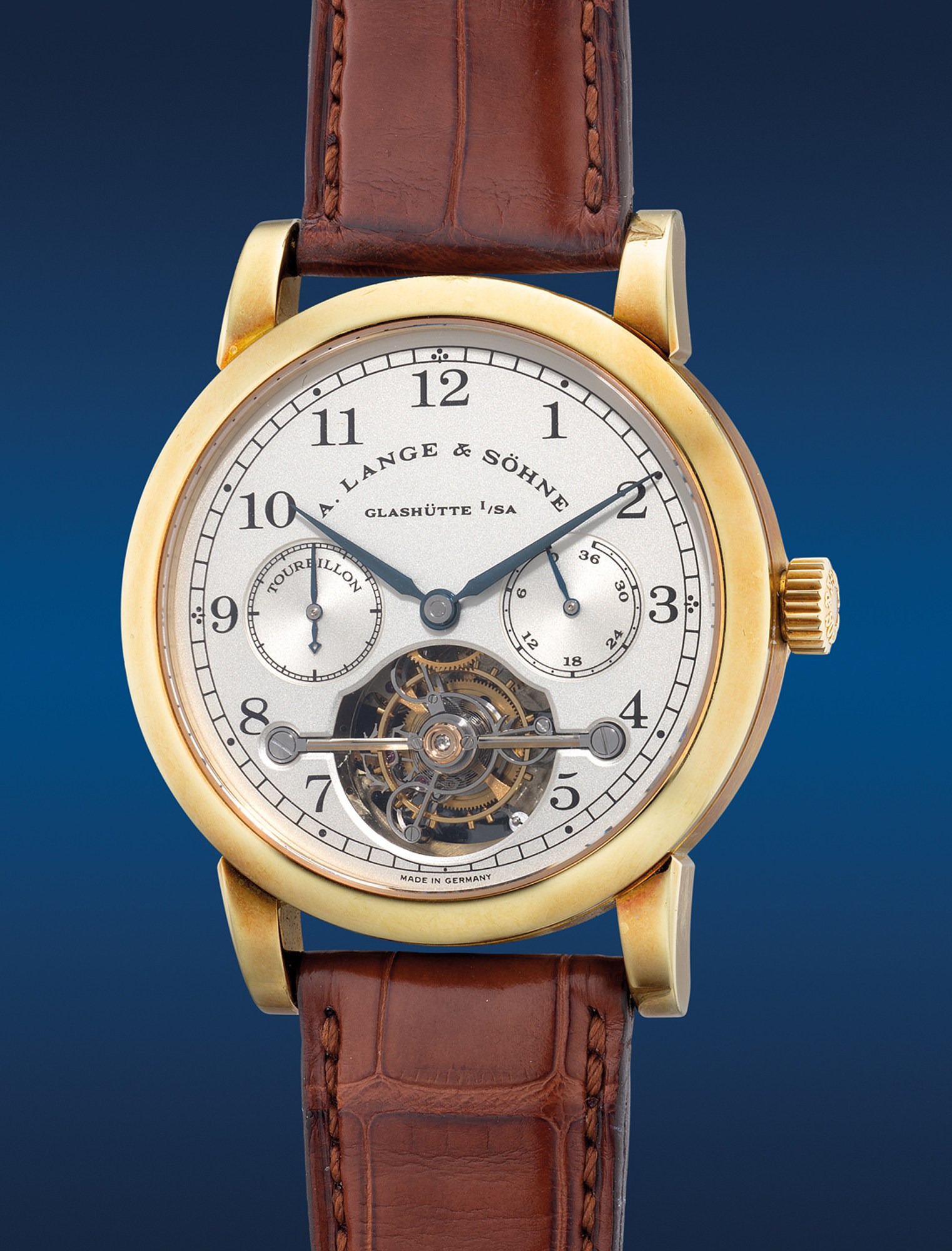 <p><strong>A. LANGE &amp; S&Ouml;HNE</strong>. Tourbillon Pour Le M&eacute;rite. An early and highly rare limited edition yellow gold tourbillon wristwatch, numbered 49 of a limited edition of 150 pieces , circa 1995</p>
