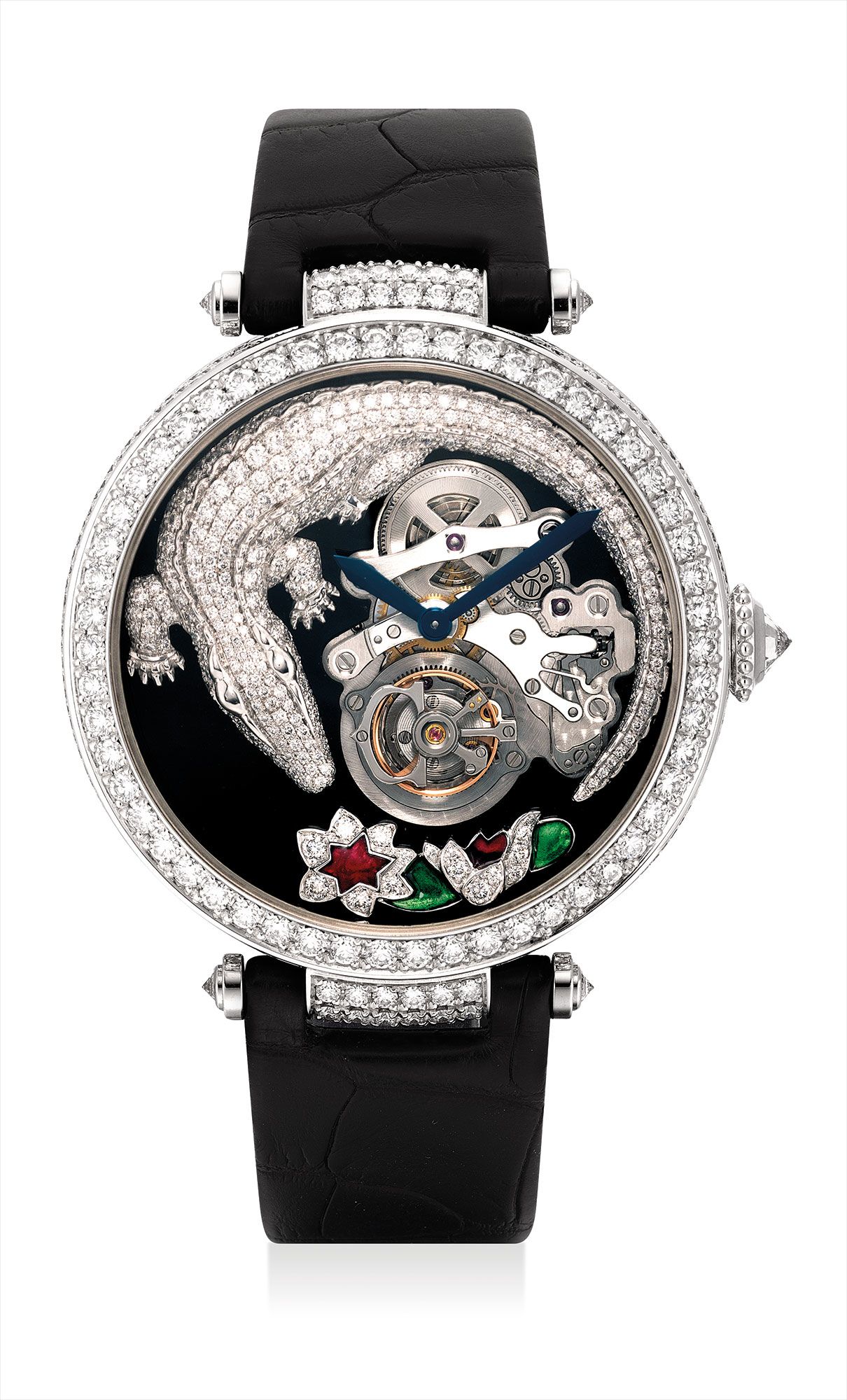 <b>CARTIER</b> A fine and highly attractive white gold and diamond, ruby and emerald-set tourbillon wristwatch with original certificate and fitted presentation box, circa 2010.