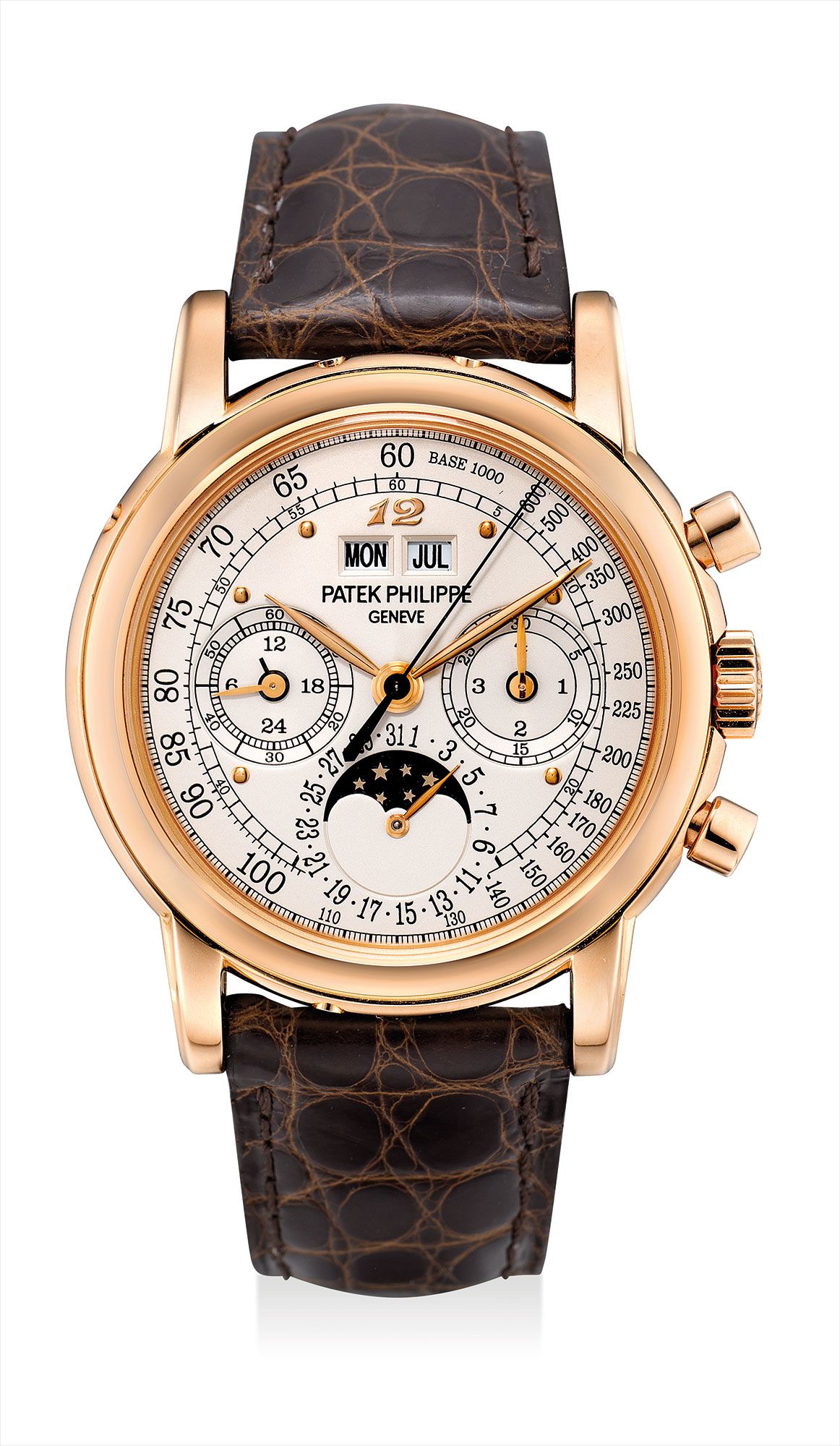 <b>PATEK PHILIPPE </b>An extremely fine and important pink gold perpetual calendar chronograph reference 3970 wristwatch with moon phases, 24 hours, leap year indicator, special silvered tachymetre dial, Breguet numeral at 12 o'clock, original certificate, additional case back and fitted presentation box, formerly in the collection of Eric Clapton, CBE, manufactured in 2007.