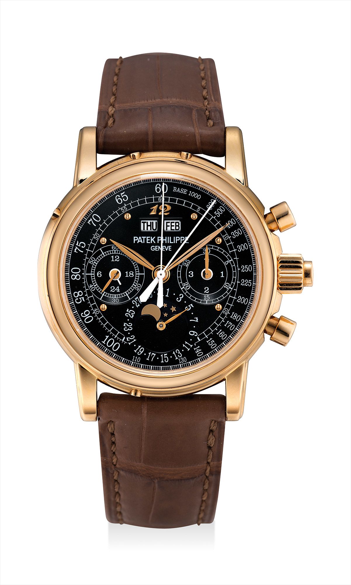 <b>PATEK PHILIPPE </b>An extremely fine and important pink gold perpetual calendar split seconds chronograph reference 5004 wristwatch with moon phases, 24 hours, leap year indicator, special black tachymetre dial, Breguet numeral at 12 o'clock, original certificate, additional case back and fitted presentation box, formerly in the collection of Eric Clapton, CBE, manufactured in 2009.