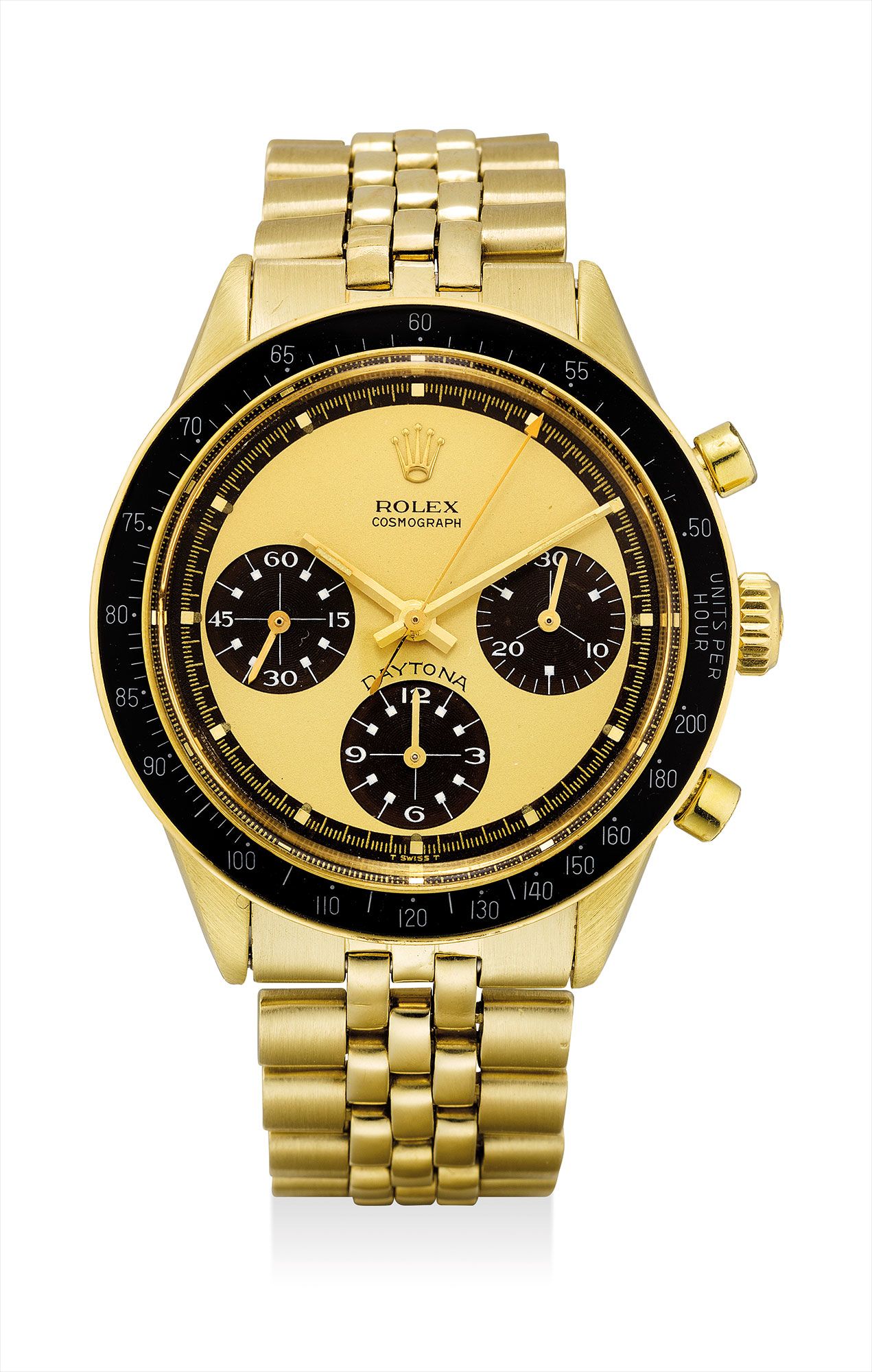 <b>ROLEX </b>An extremely rare, fine and attractive 14k gold chronograph wristwatch with tropical Paul Newman 'lemon' gren&#233; dial, white graphics and 14k gold bracelet. Ref. 6241. Cosmograph Daytona, 'Lemon'. Circa 1969.
