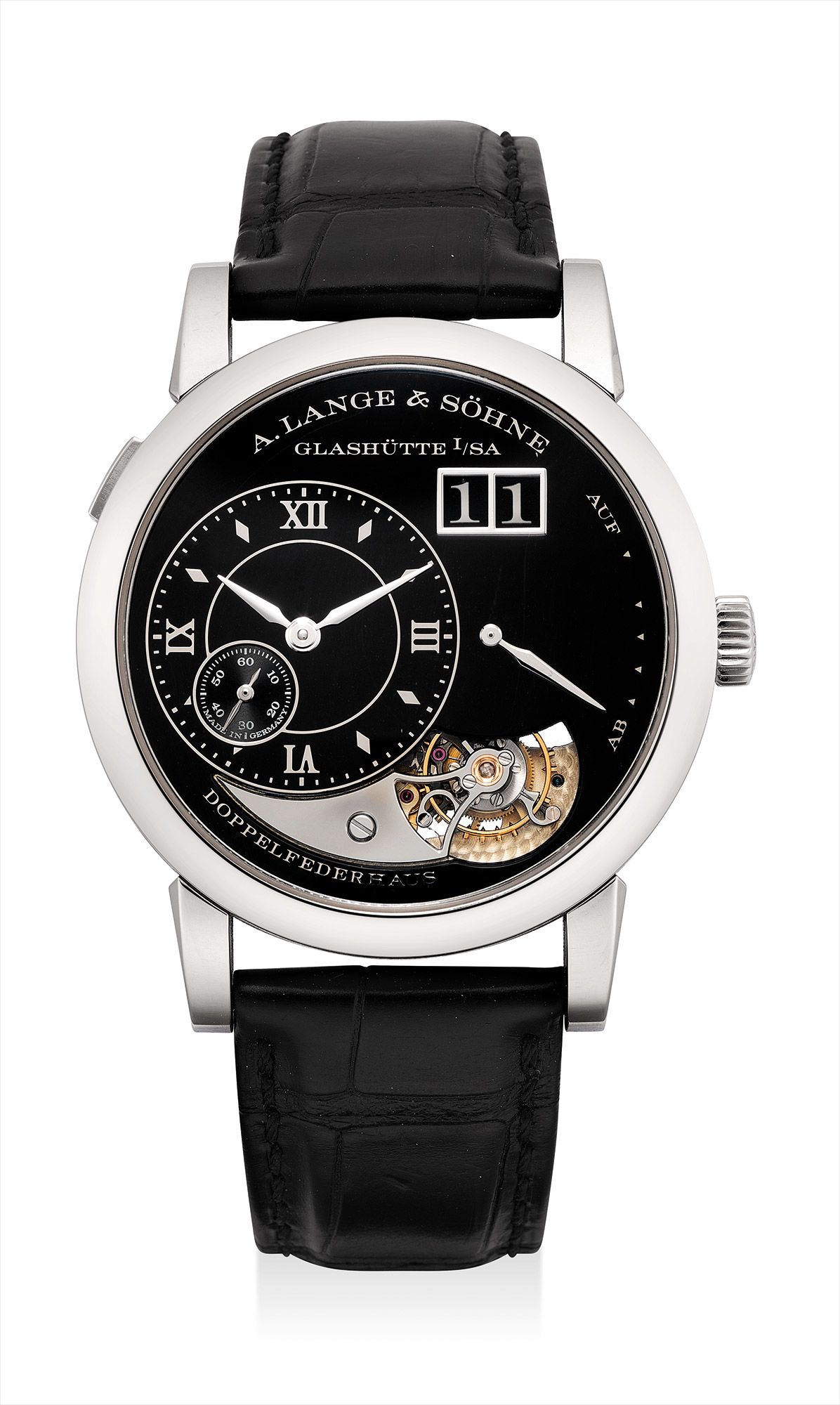 <b>A. LANGE &amp; S&#214;HNE</b> A very fine and extremely rare platinum tourbillon wristwatch with black enamel dial, date and hacking mechanism, made for the 20th anniversary, numbered 10 of a limited edition 20 pieces. 'Lange 1 Tourbillon Handwerkskunst'. Manufactured in 2014.