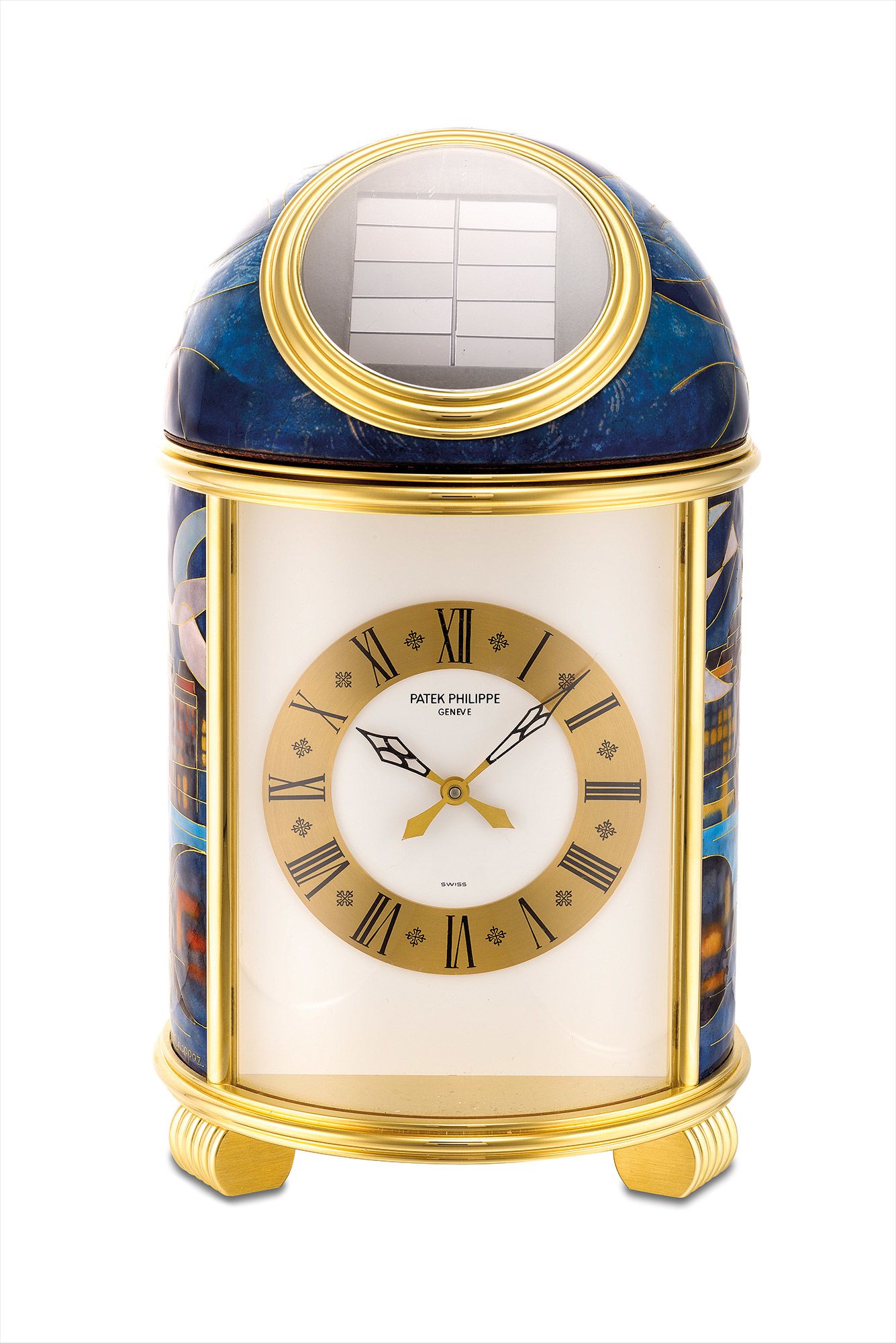 <b>PATEK PHILIPPE</b> An extremely fine and unique gilt brass solar power dome table clock with cloisonn&#233; enamel scene of 'Geneva, 1997' signed by L. Chappaz. Ref. 1164. Manufactured in 1978.