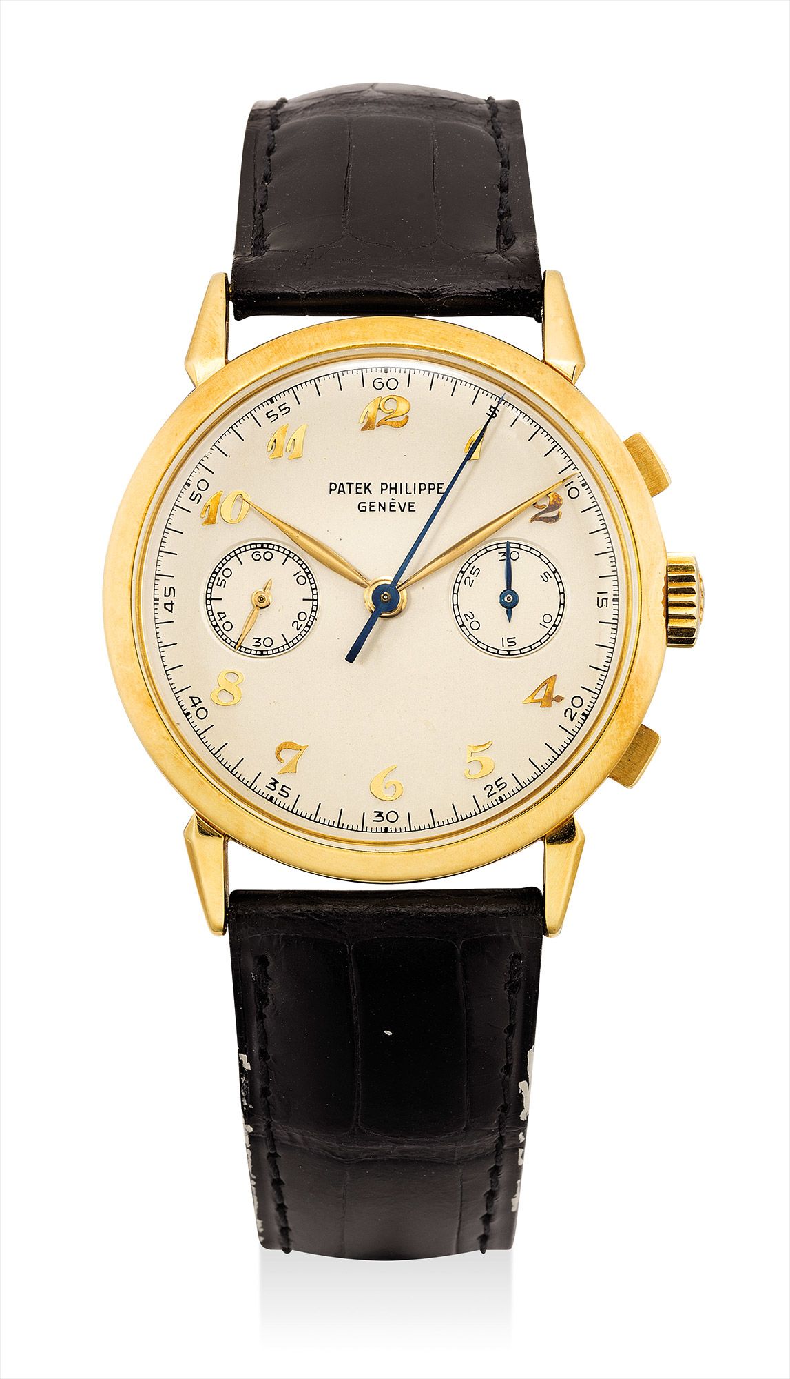 <b>PATEK PHILIPPE </b>An important, probably unique and very attractive gold chronograph wristwatch with Breguet numerals. Ref. 1579. Manufactured in 1952.
