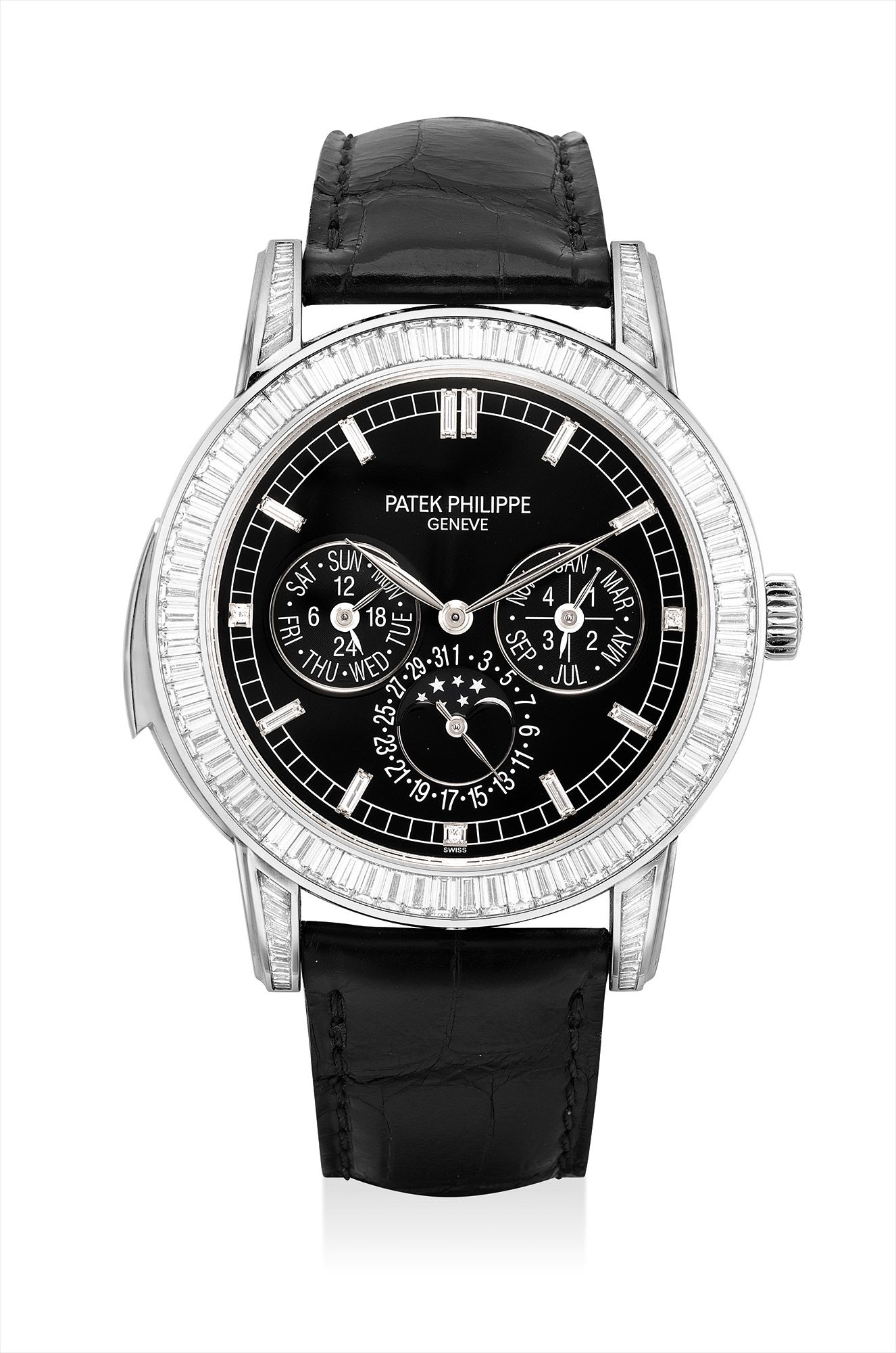 <b>PATEK PHILIPPE </b>An extremely fine, rare and attractive platinum and diamond-set minute repeating perpetual calendar wristwatch with moon phases and certificate. Ref. 5073P. Manufactured in 2011.<br />