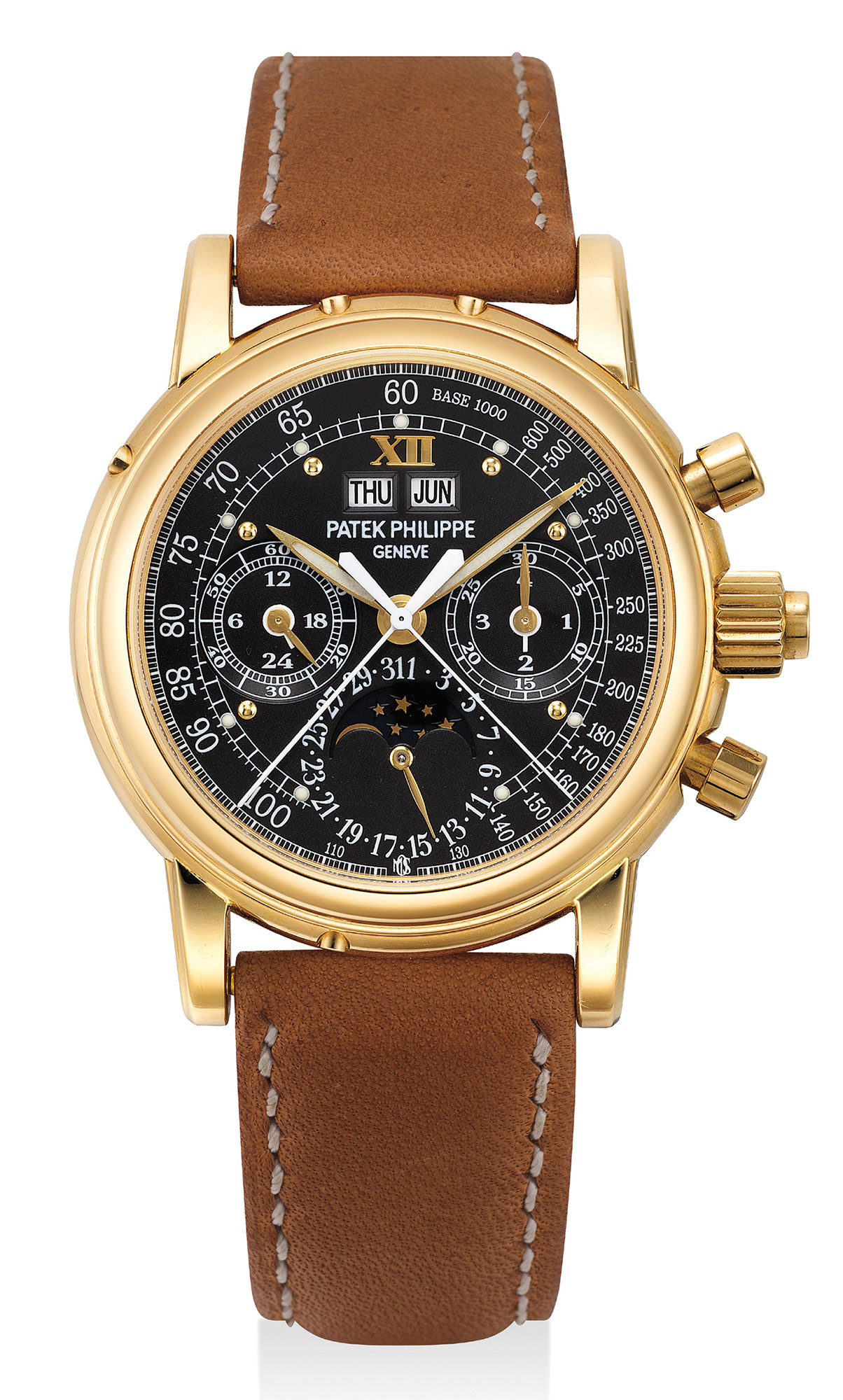 Reference 5004J-027. A possibly unique and important yellow gold perpetual calendar split seconds chronograph wristwatch with moon phases, leap year, special luminous monogram dial, original certificate, additional case back, setting pin and fitted presentation box.