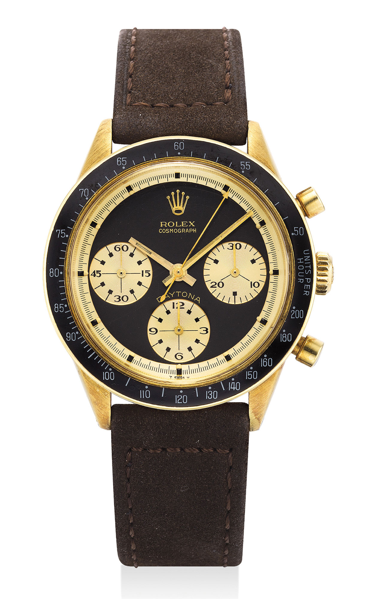 Reference 6241, 'John Player Special'. A highly attractive and rare yellow gold chronograph wristwatch with black 'Paul Newman' dial displaying contrasting gold register.