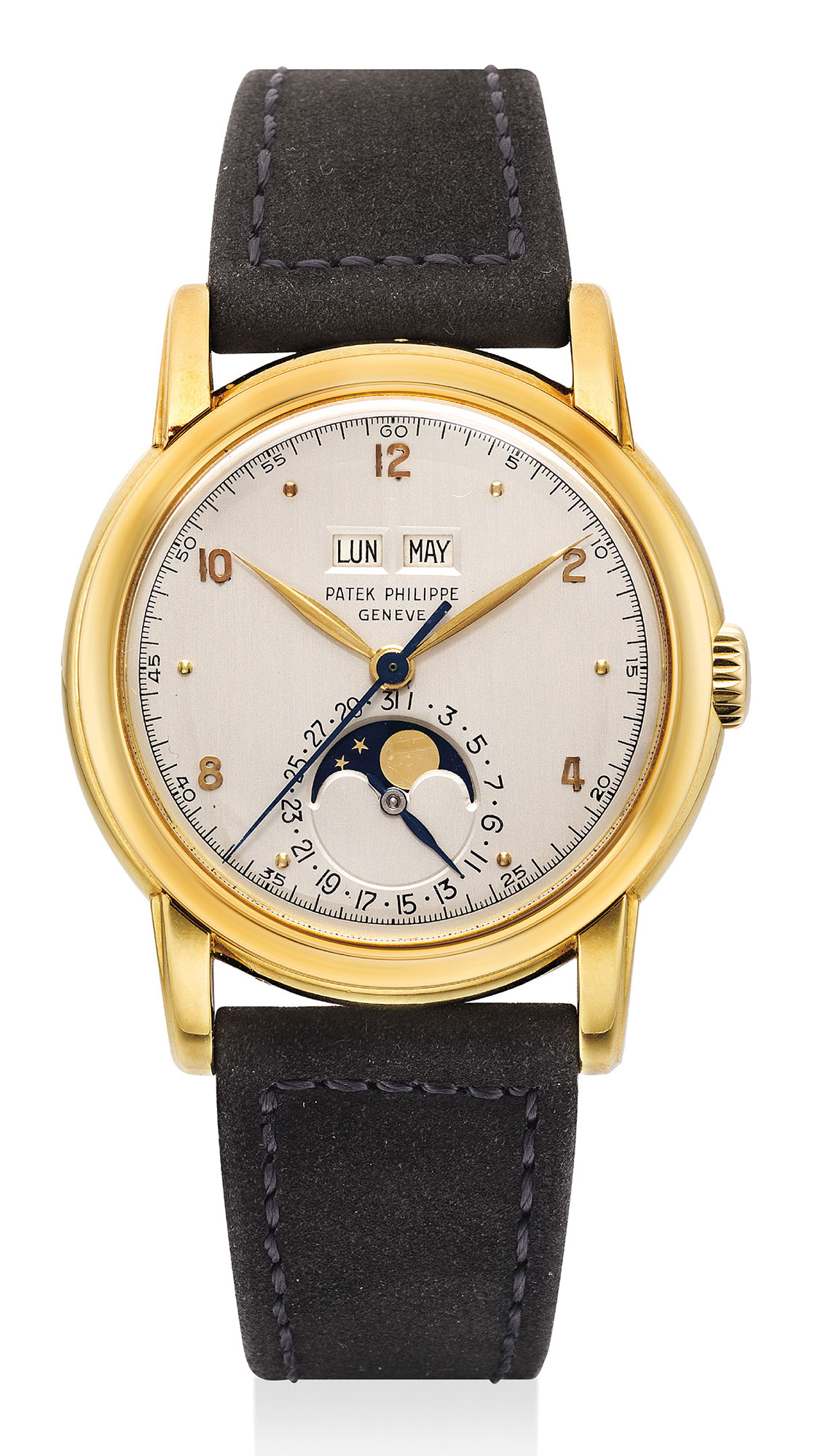 Reference 2497. A very rare and highly attractive yellow gold perpetual calendar wristwatch with moon phase, center seconds and Spanish calendar.