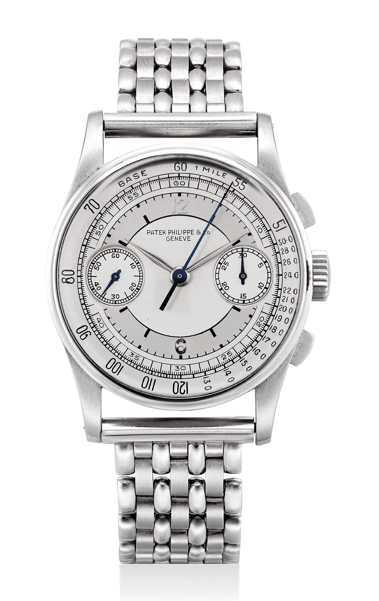 Reference 130. An extremely rare and attractive stainless steel chronograph wristwatch with two-tone silvered sector dial, bracelet and box.