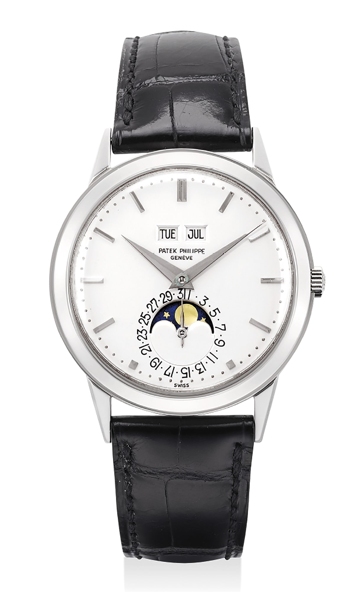 Reference 3448. A very fine and rare white gold perpetual calendar wristwatch with moon phases and inverted date numerals.
