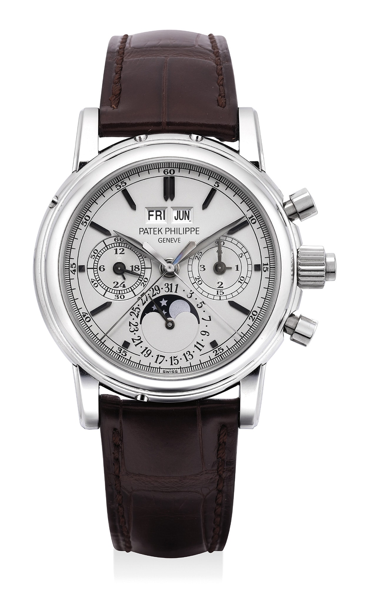 Reference 5004A-001. An extremely rare and fine stainless steel perpetual calendar split seconds chronograph wristwatch with moon phases, 24 hours, leap year indicator, original certificate, additional case back and box.