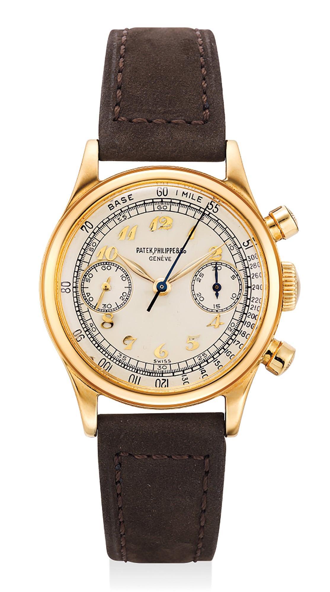 Reference 1463. A very rare and highly attractive yellow gold chronograph wristwatch with Breguet numerals.
