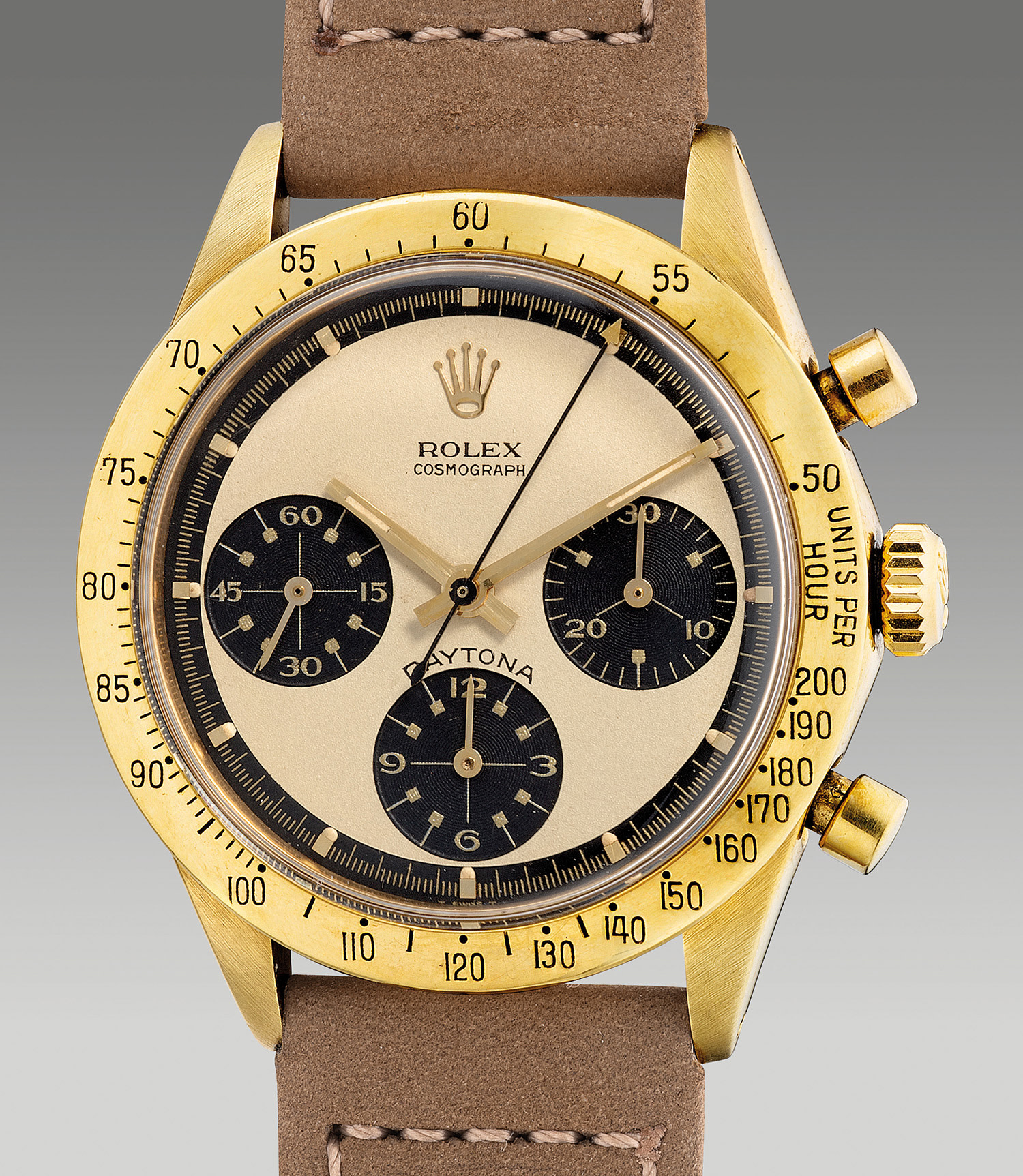 <p><strong>ROLEX </strong>ref.6239 - A very rare and very fine yellow gold chronograph wristwatch with champagne “Paul Newman” dial, circa 1969</p>
