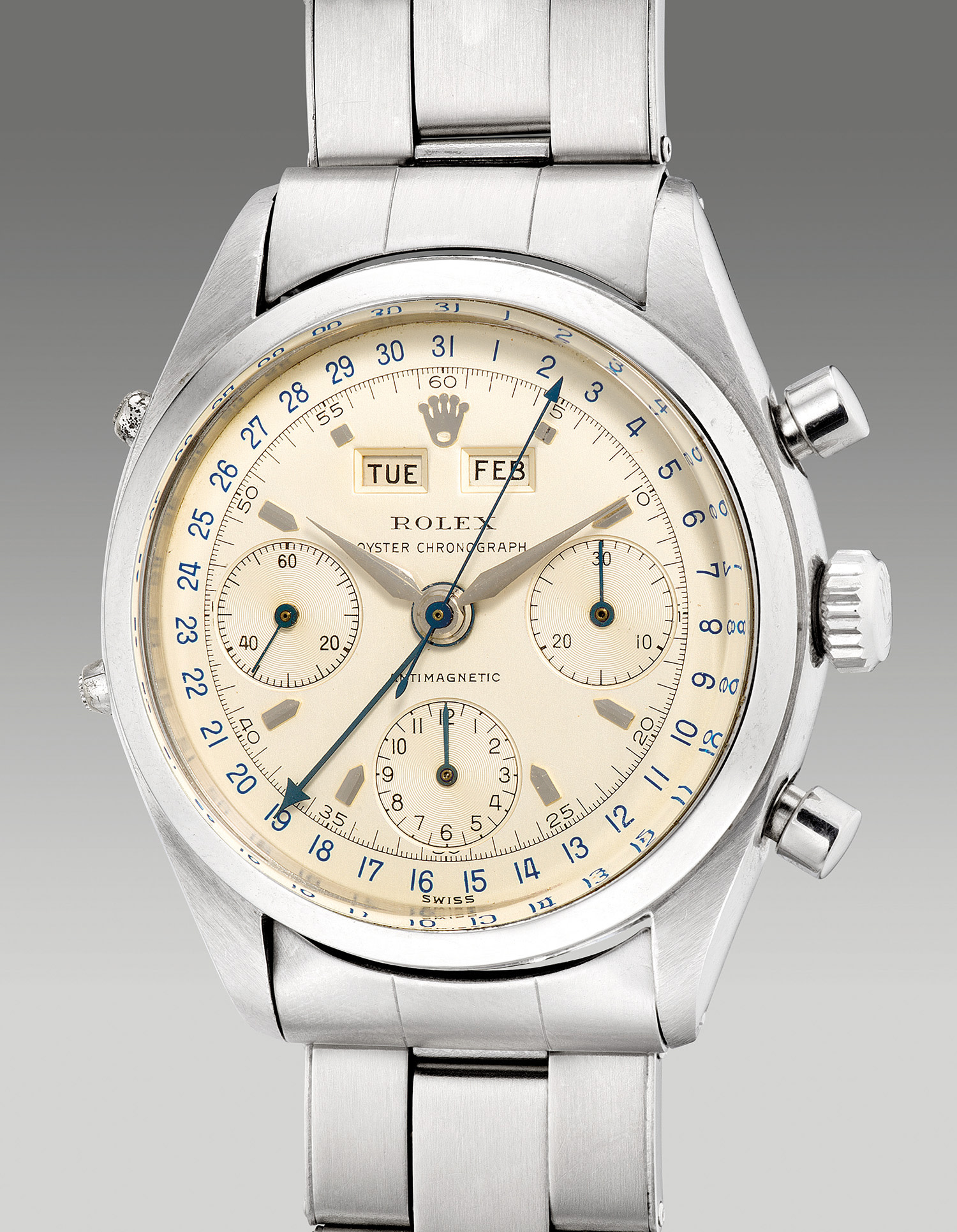 <p><strong>ROLEX</strong> ref.6236 - A fine and incredibly rare stainless steel triple calendar chronograph wristwatch with ‘no lumes’ dial, circa 1960's</p>