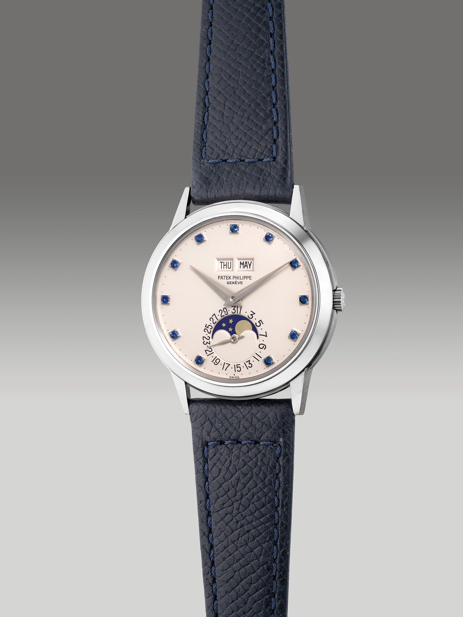 <p><strong>PATEK PHILIPPE</strong>, Ref. 3448/100, A unique, highly important and astonishingly well-preserved platinum perpetual calendar wristwatch with moon phases, sapphire-set indexes and sapphire display caseback, 1973</p>
