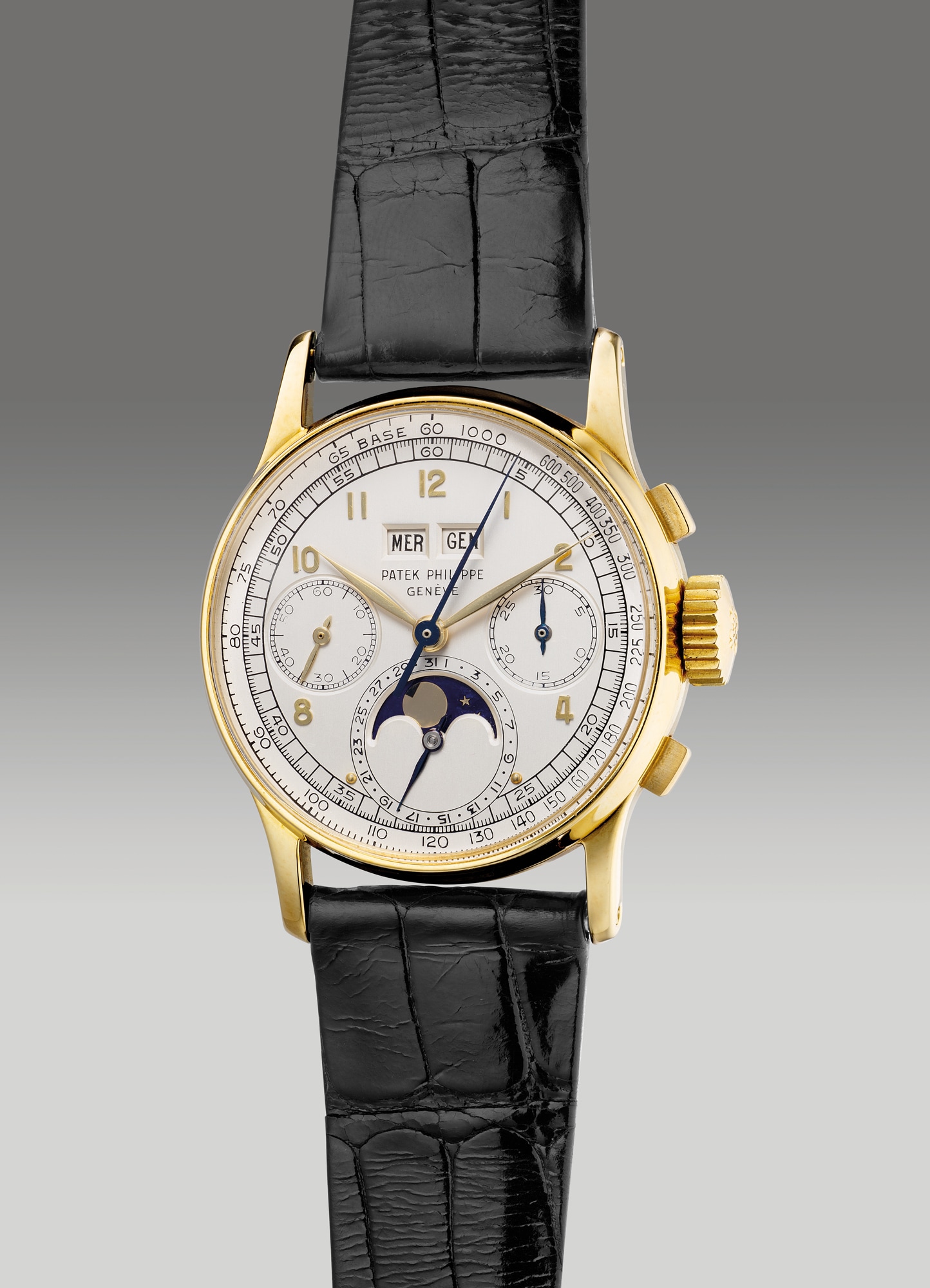 <p><strong>PATEK PHILIPPE</strong>, Ref. 1518, A highly important, very fine and rare yellow gold perpetual calendar chronograph wristwatch with moon phases, 1949</p>