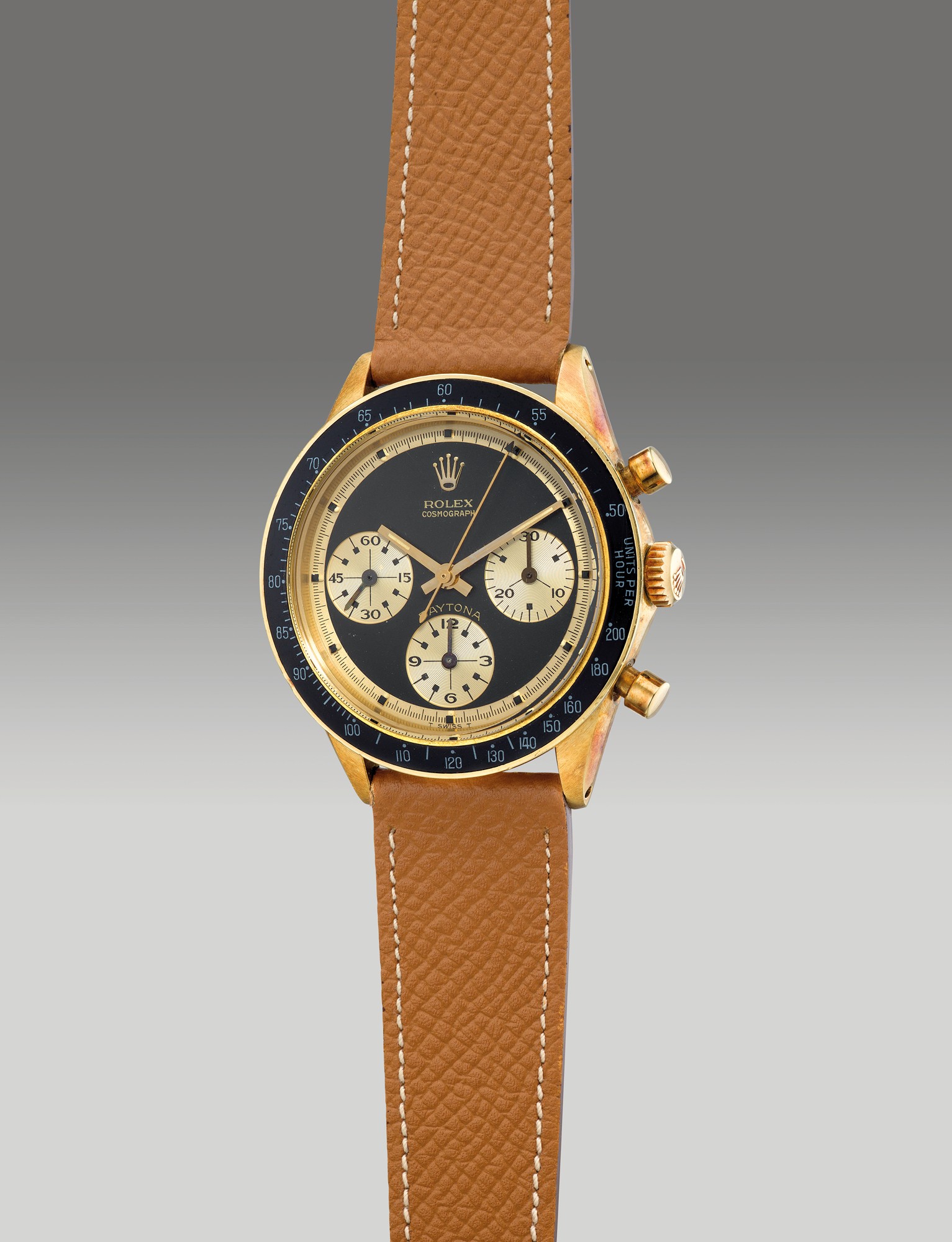 <p><strong>ROLEX</strong>, Ref. 6241, An exceedingly rare and immaculately preserved yellow gold chronograph wristwatch with “Paul Newman John Player Special” dial and French import hallmarks, Circa 1968</p>
