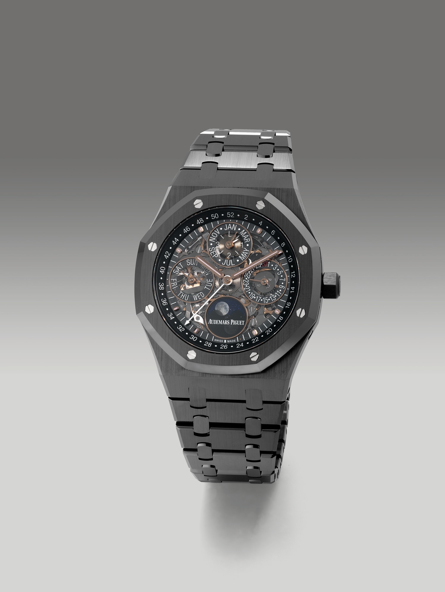 <p><strong>AUDEMARS PIGUET</strong>, Ref. 26585CE.OO.1225CE.01, A highly impressive, sought-after and rare black ceramic skeletonized perpetual calendar wristwatch with moon phases, leap year, week indication, bracelet, warranty and presentation box, Circa 2021</p>