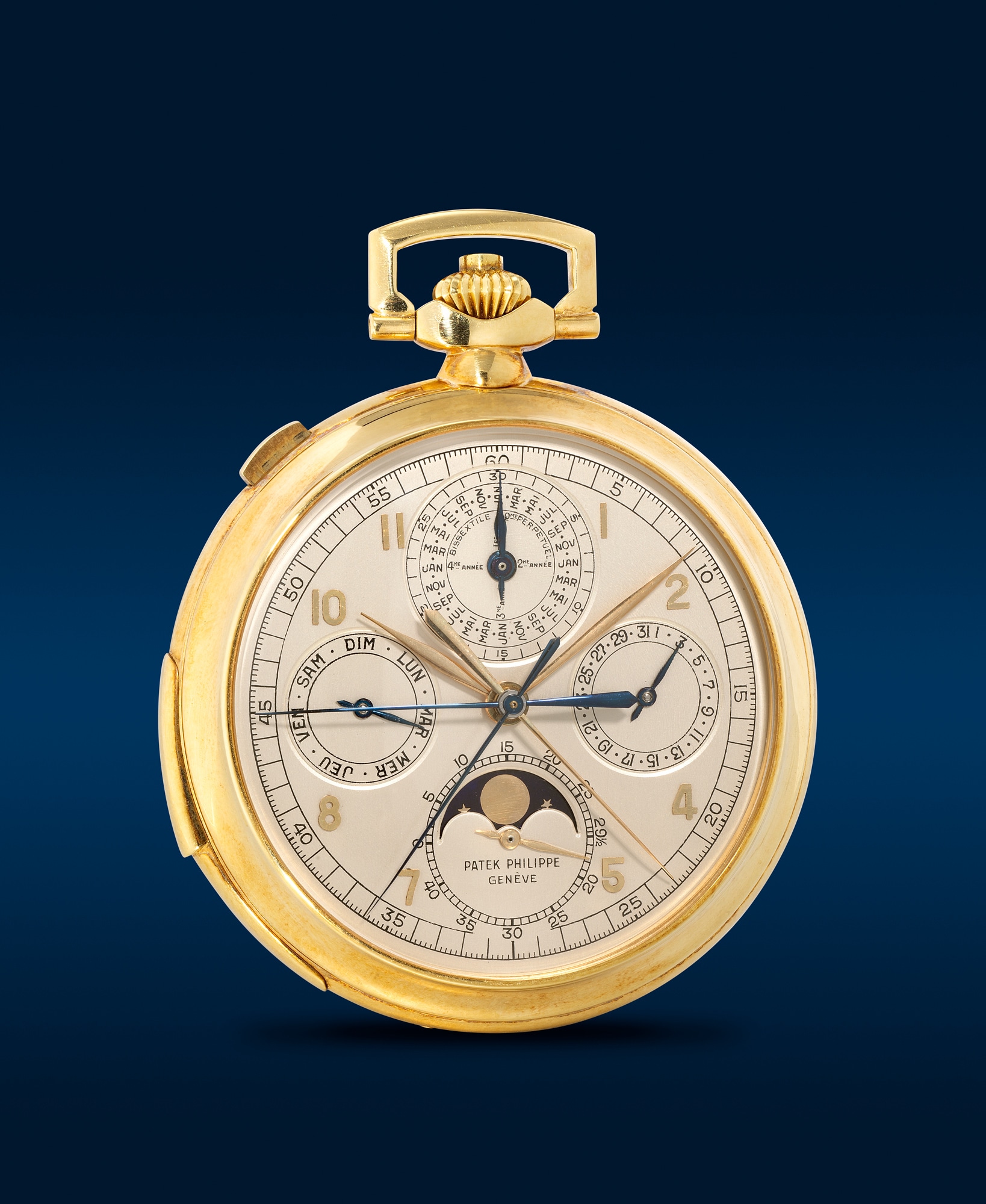 <p><strong>PATEK PHILIPPE</strong> <em>Ref. 767, a possibly unique and historically important yellow gold minute repeating perpetual calendar double-split chronograph open-faced keyless pocket watch with &ldquo;modern&rdquo; style case and presentation box</em>, 1952</p>
