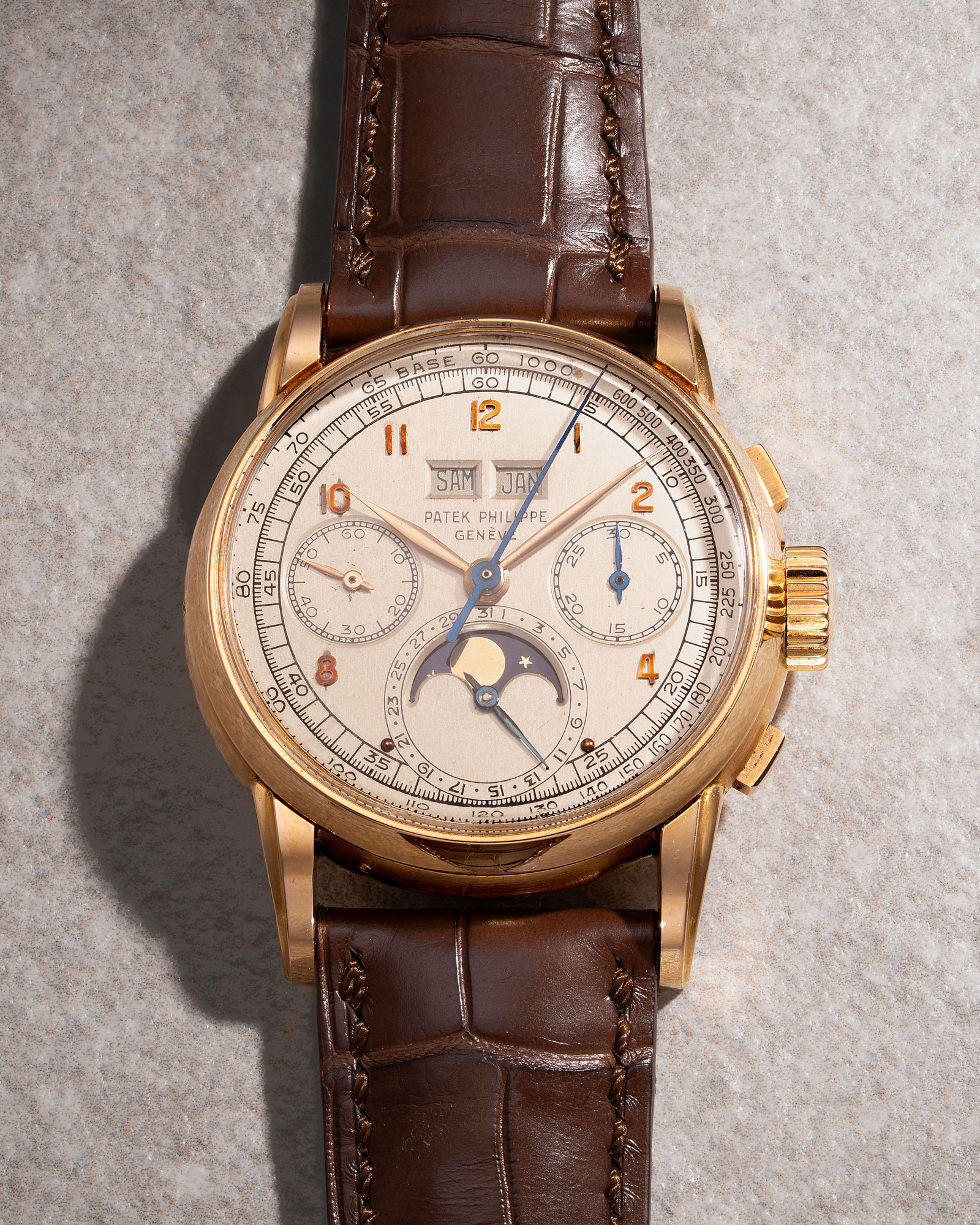 <p><strong>PATEK PHILIPPE</strong>&nbsp;<em>Ref. 2499 &ldquo;The Pink First Series&rdquo;</em>, An historically important, pink gold perpetual calendar chronograph wristwatch with French calendar and case made by Vichet, the only known pink gold first series example with British hallmarks, HK$24,000,000-48,000,000</p>
