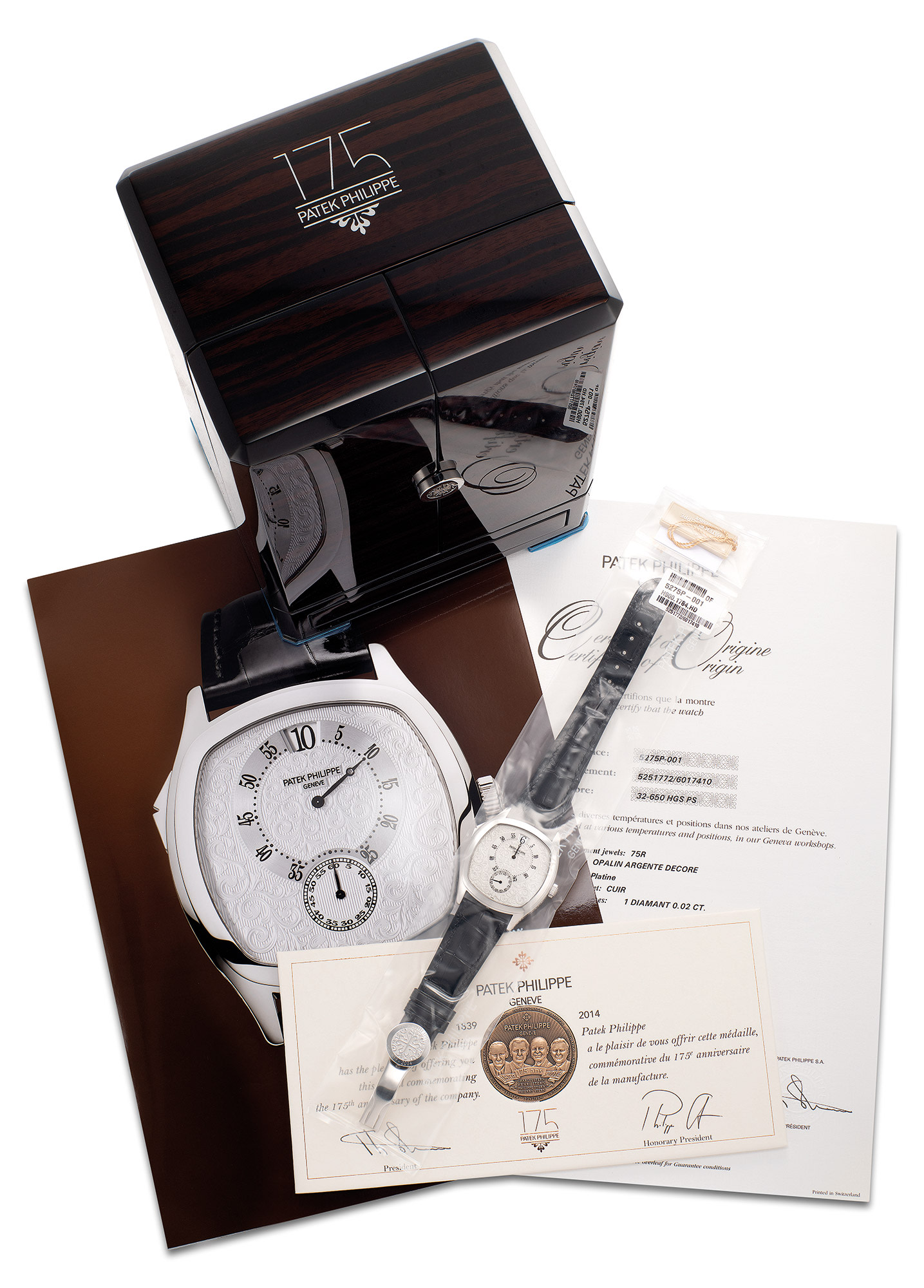 <p><strong>PATEK PHILIPPE</strong>, ref. 5275P-001. An exceptionally rare limited edition platinum chiming wristwatch with jump second and minute, digital jump hour, engraved dial and case, Certificate of Origin and presentation box, made for the 175th anniversary of Patek Philippe. Circa 2015 </p>