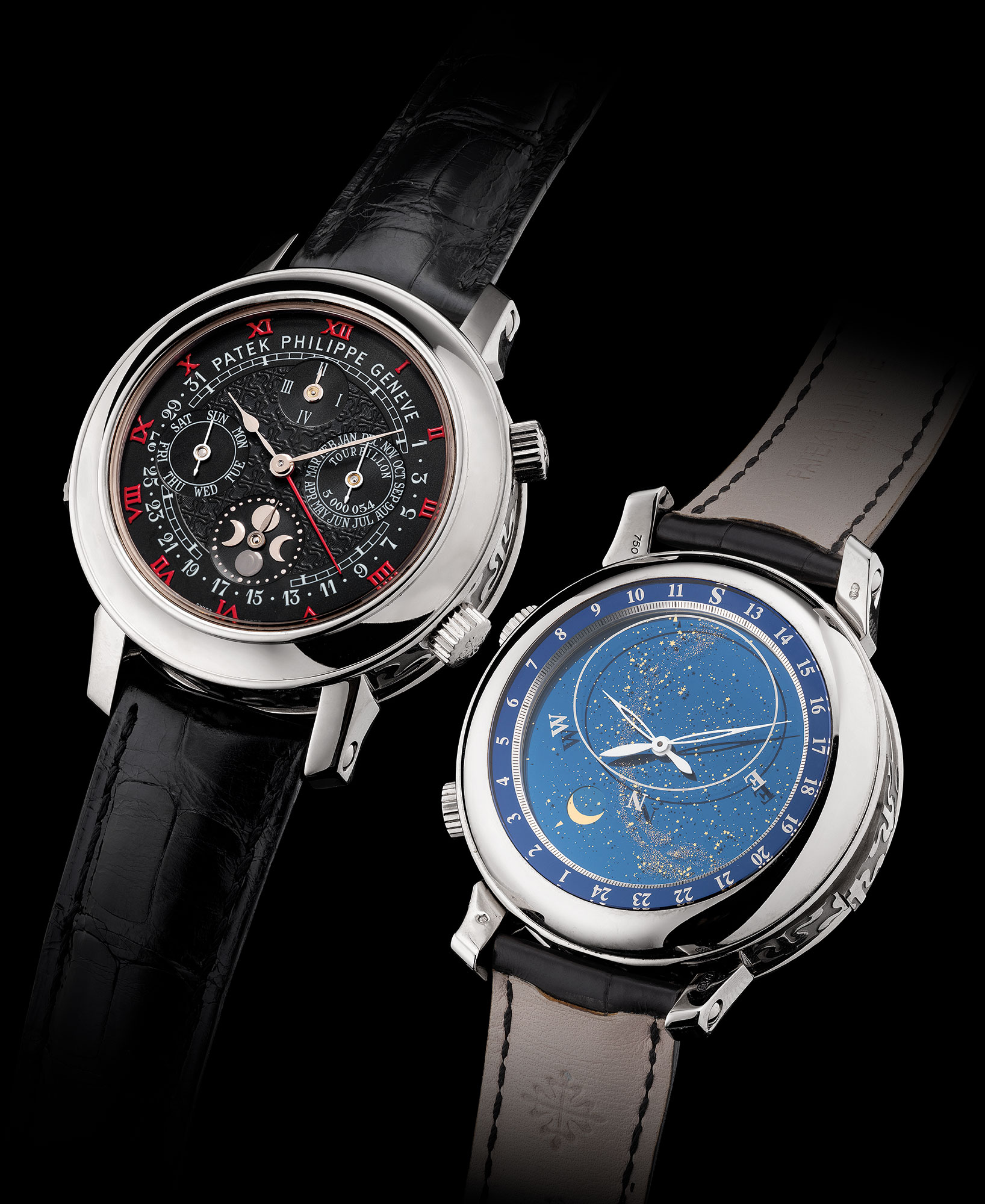 <p><strong>PATEK PHILIPPE</strong>, ref. 5002/G. An extremely complicated, important and probably unique white gold double-dialed astronomical wristwatch with special dial with red Roman hour markers, cathedral minute repeater, tourbillon regulator, perpetual calendar with retrograde date hand, leap year cycle, moon age, sky chart, sidereal time, meridian passage of Sirius, moonphases and moon orbit, certificate of origin and presentation box. Circa 2012</p>