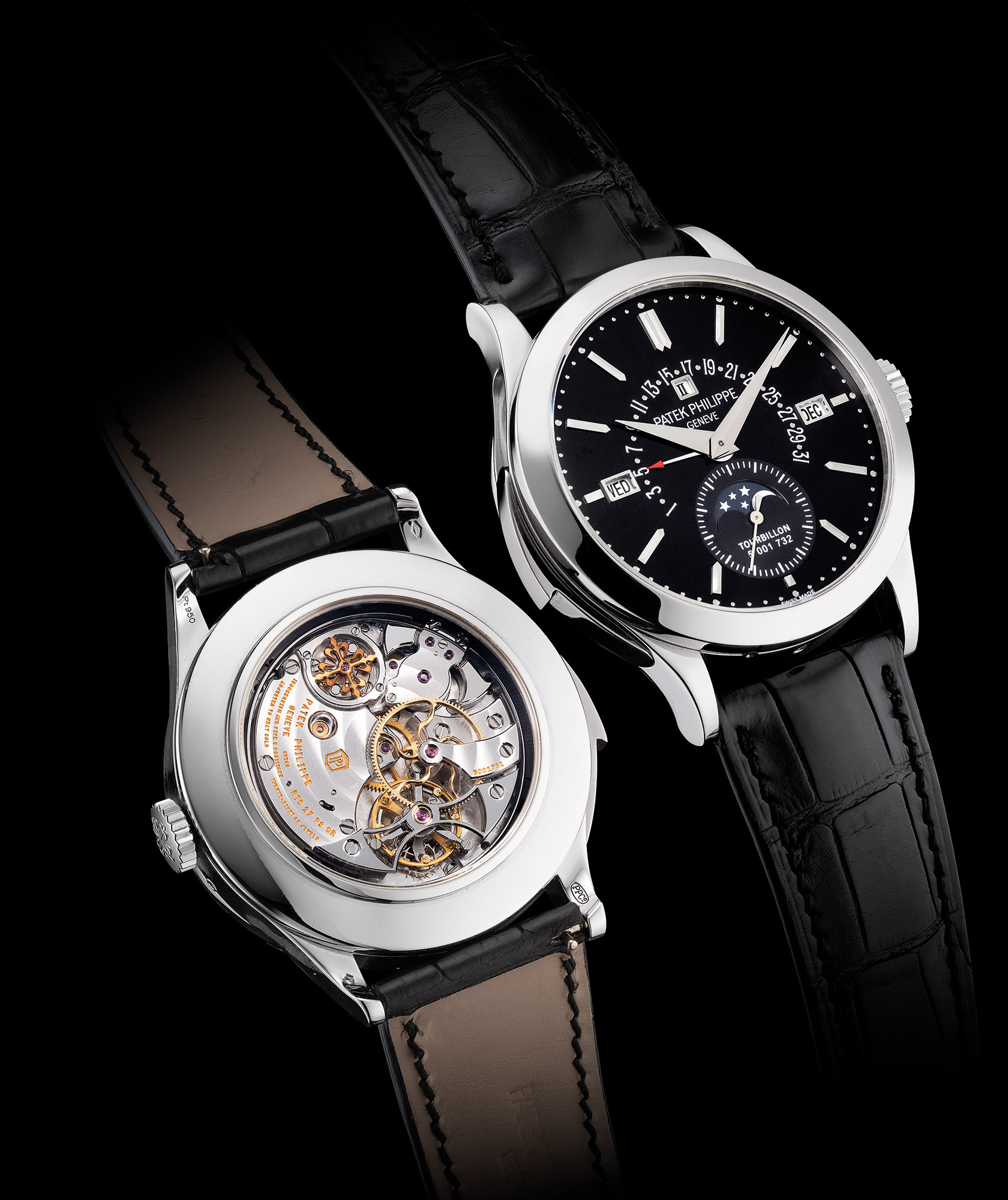 <p><strong>PATEK PHILIPPE</strong>, ref. 5216P-001. A highly complicated, rare and distinguished platinum perpetual calendar minute repeating wristwatch with tourbillon regulator, retrograde date, moonphases, black lacquered dial, Certificate and box. Circa 2014</p>