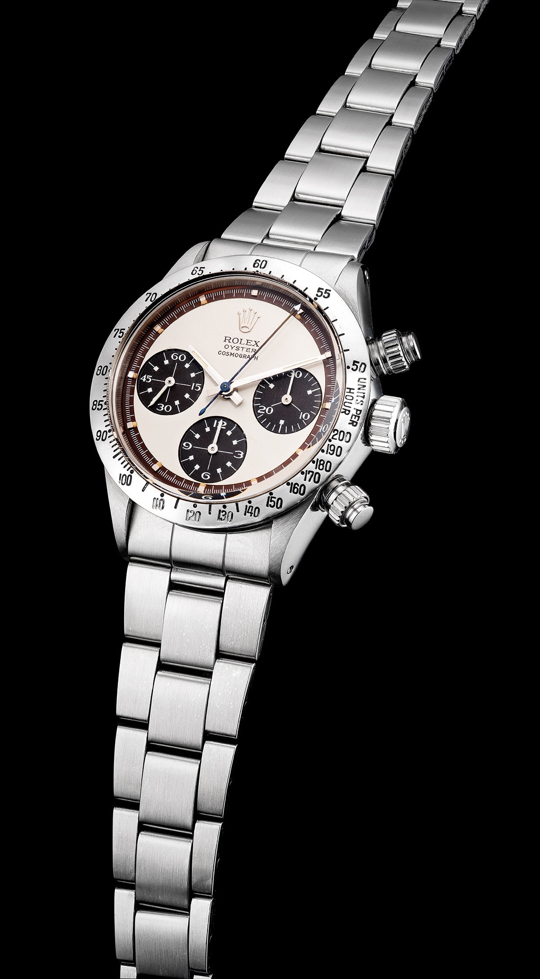 <b>ROLEX</b>, ref. 6265. An extremely rare, attractive and well-preserved stainless steel chronograph wristwatch with 'Paul Newman' dial, 'tropical' outer minute track and bracelet. Circa 1972