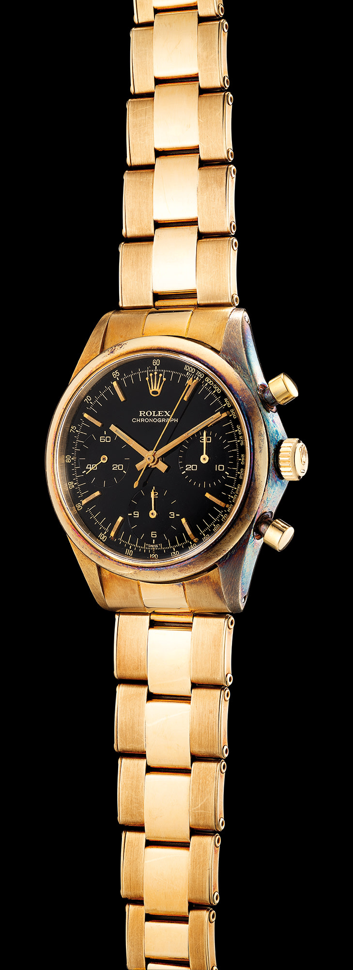 <b>ROLEX</b>, ref. 6238. An extremely rare and highly attractive 14k yellow gold chronograph wristwatch with black 'Glossy' dial and bracelet. Circa 1967
