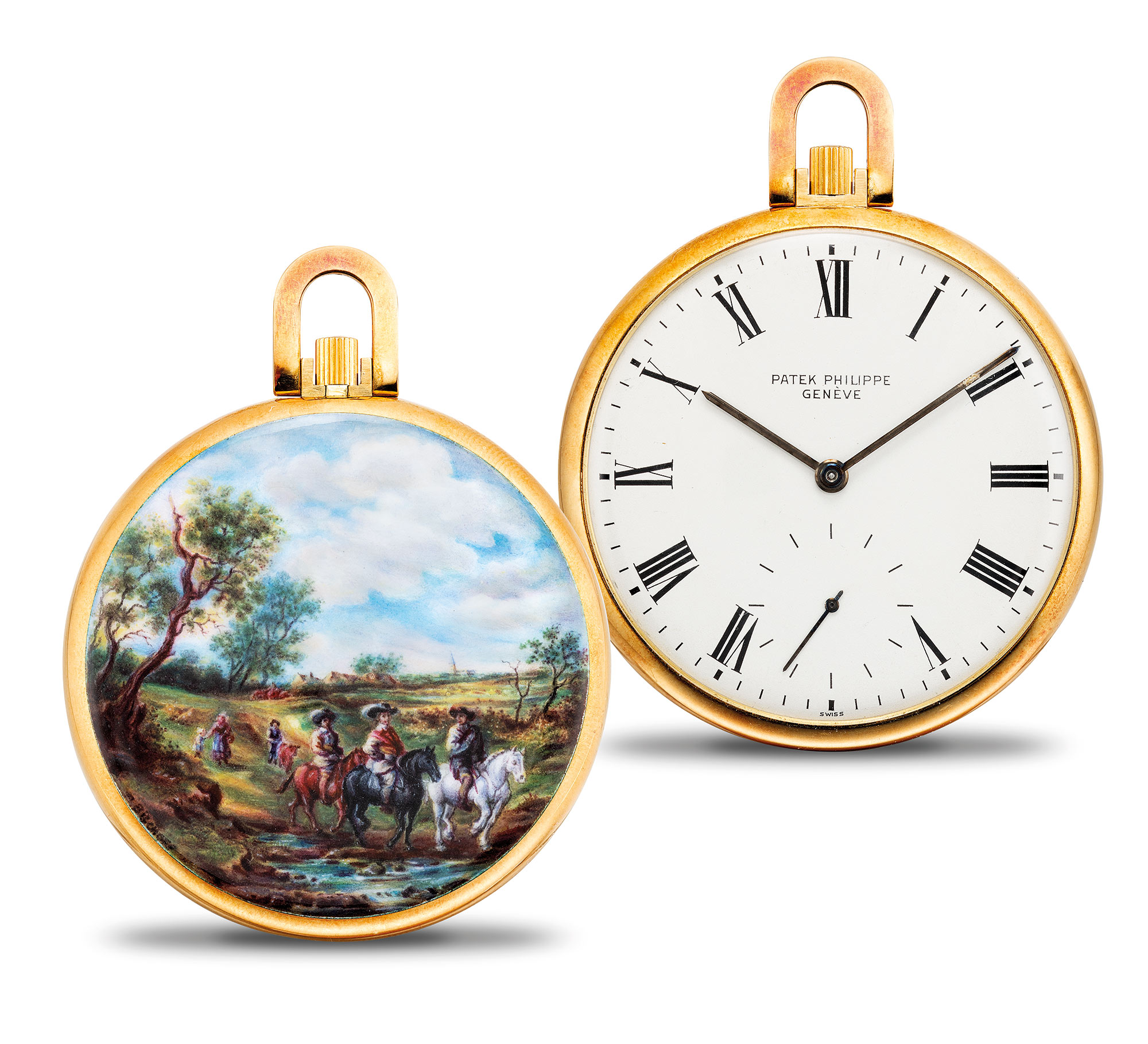 <b>PATEK PHILIPPE</b>, ref. 866/2. An exceptional and unique gold openface watch with enamel miniature painted by M. Bischoff after a painting by Salomon van Ruysdael, with original certificate of origin, hang-tag and presentation box. 1975
