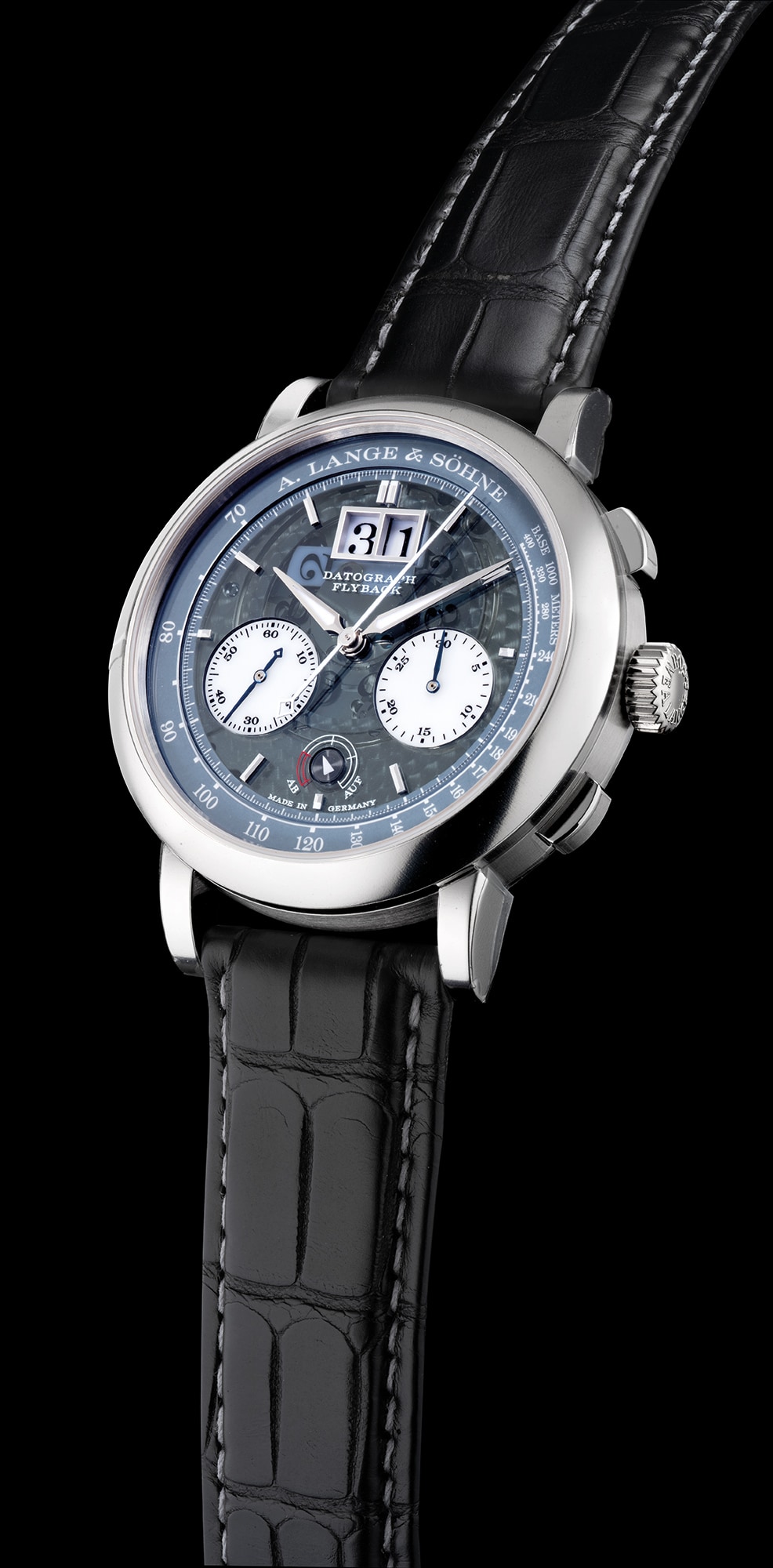 <b>A. LANGE & SOHNE</b>, ref. 405.034. An extremely fine, rare and well preserved limited edition platinum chronograph wristwatch with luminous date, power reserve indication, subsidiary dials, outer track, guarantee and presentation box, numbered 91 of a limited edition of 200 pieces. Circa 2019