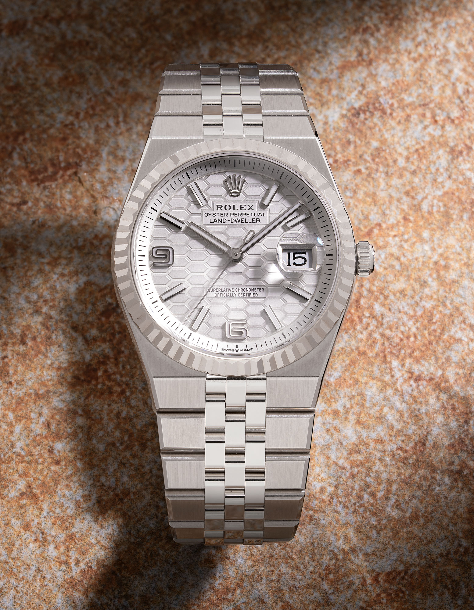 <p><strong>ROLEX</strong> <em>Land-Dweller 36 Ref. 127234 in stainless steel and white gold</em></p>
