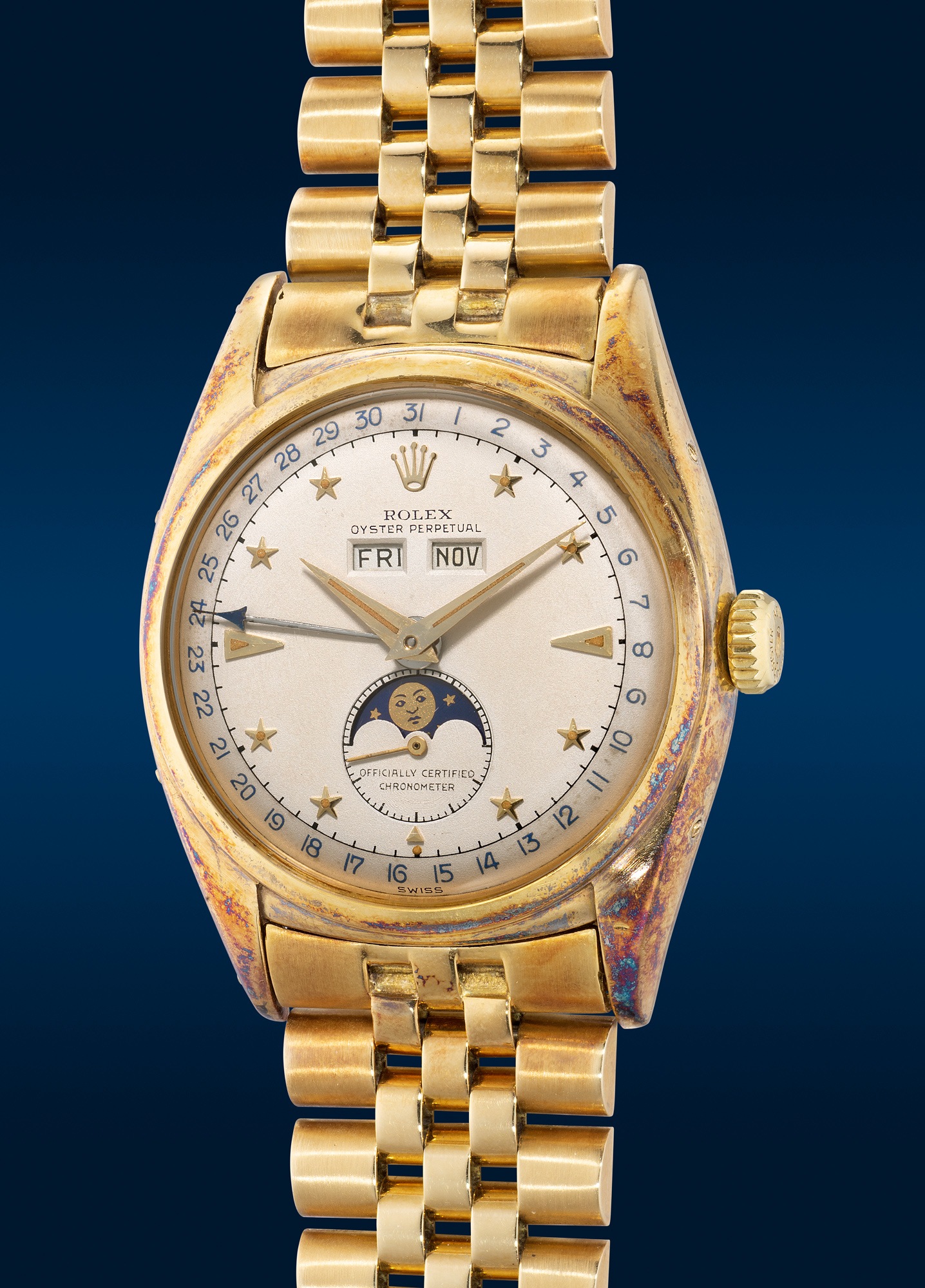 <p><strong>ROLEX</strong> <em>Ref. 6062 “Stelline” in yellow gold with star-set indexes and bracelet</em>, circa 1952</p>