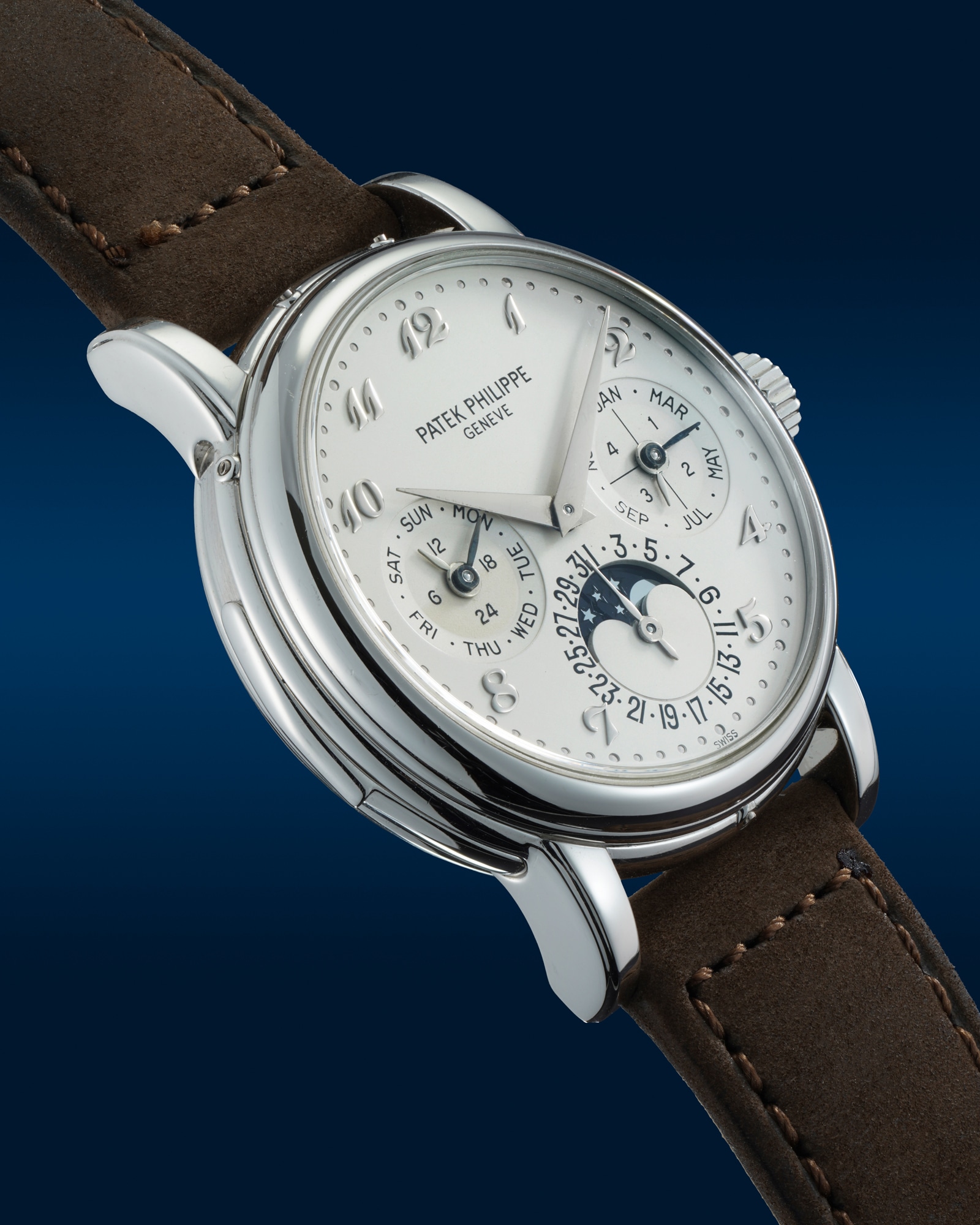 <p><strong>PATEK PHILIPPE</strong> <em>Possibly unique Ref. 3974P-001 in platinum with Breguet Numerals and Certificate of Origin</em>, 2001</p>