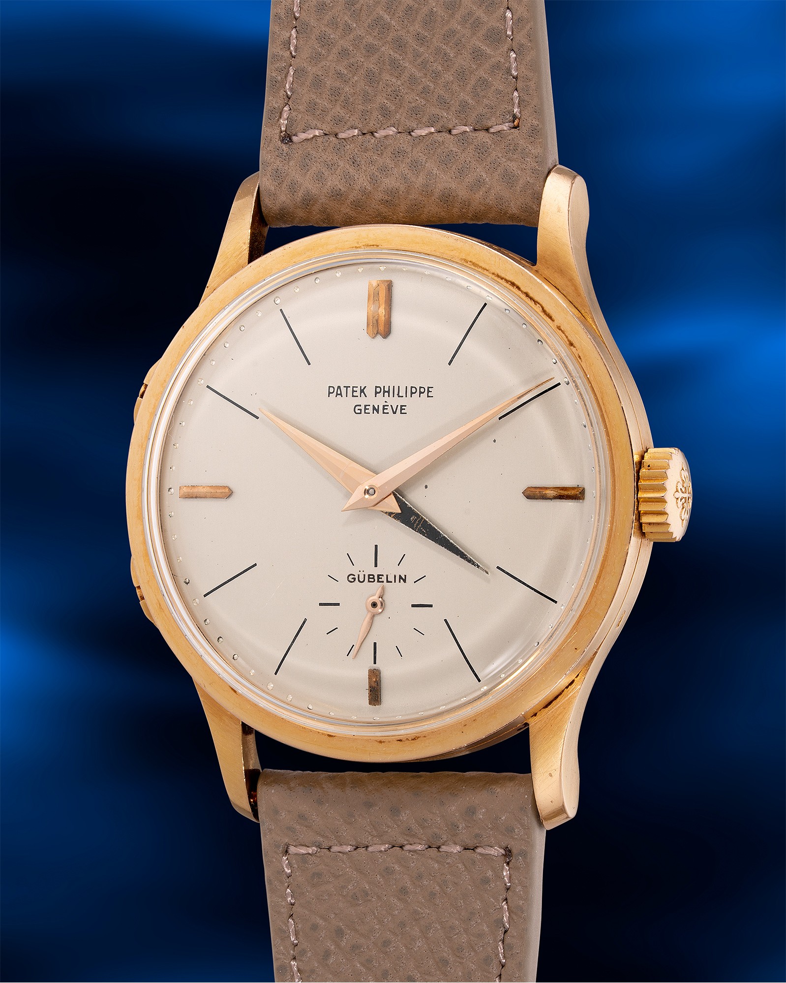<p><strong>PATEK PHILIPPE&nbsp;</strong><em>fresh-to-the-market 2597/1 in pink, the only known pink gold example retailed by G&uuml;belin</em></p>

